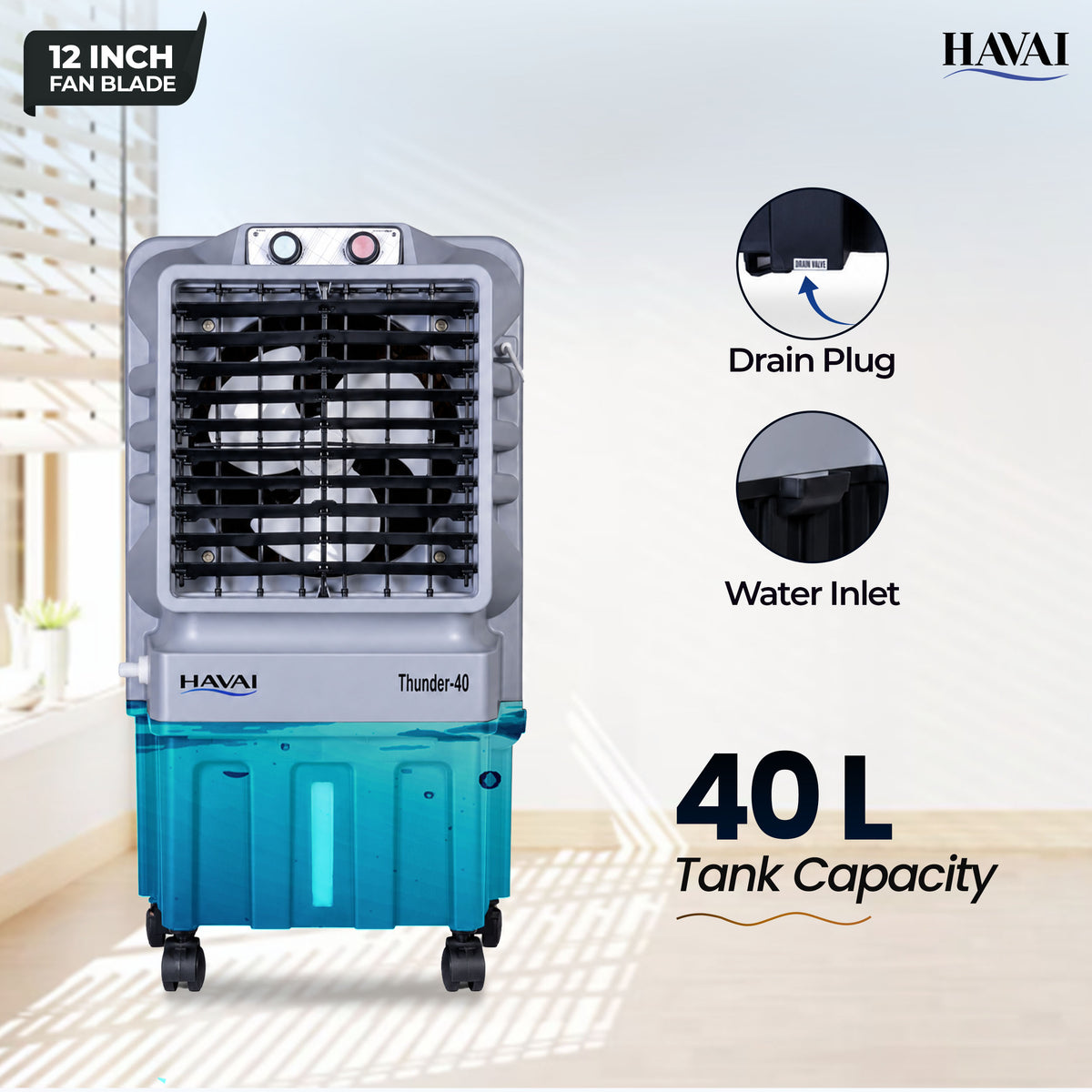 Thunder 12 inch Tower Air Cooler | 40L Tank |150 sq ft Rooms |10 ft Throw | 12-Inch Fan Blade | 40L Large Tank | Honeycomb Pad | 10 Ft Air Throw | 1 Year On-Site Warranty| Auto Louver | 3 Speed