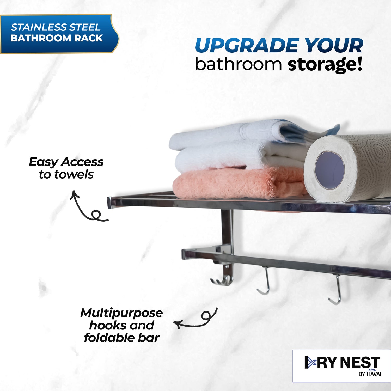 HAVAI Foldable Wall Mounted Bathroom Rack | Heavy Duty Steel Towel Shelf &amp; Storage Organizer | 0.9 KG Strong &amp; Durable