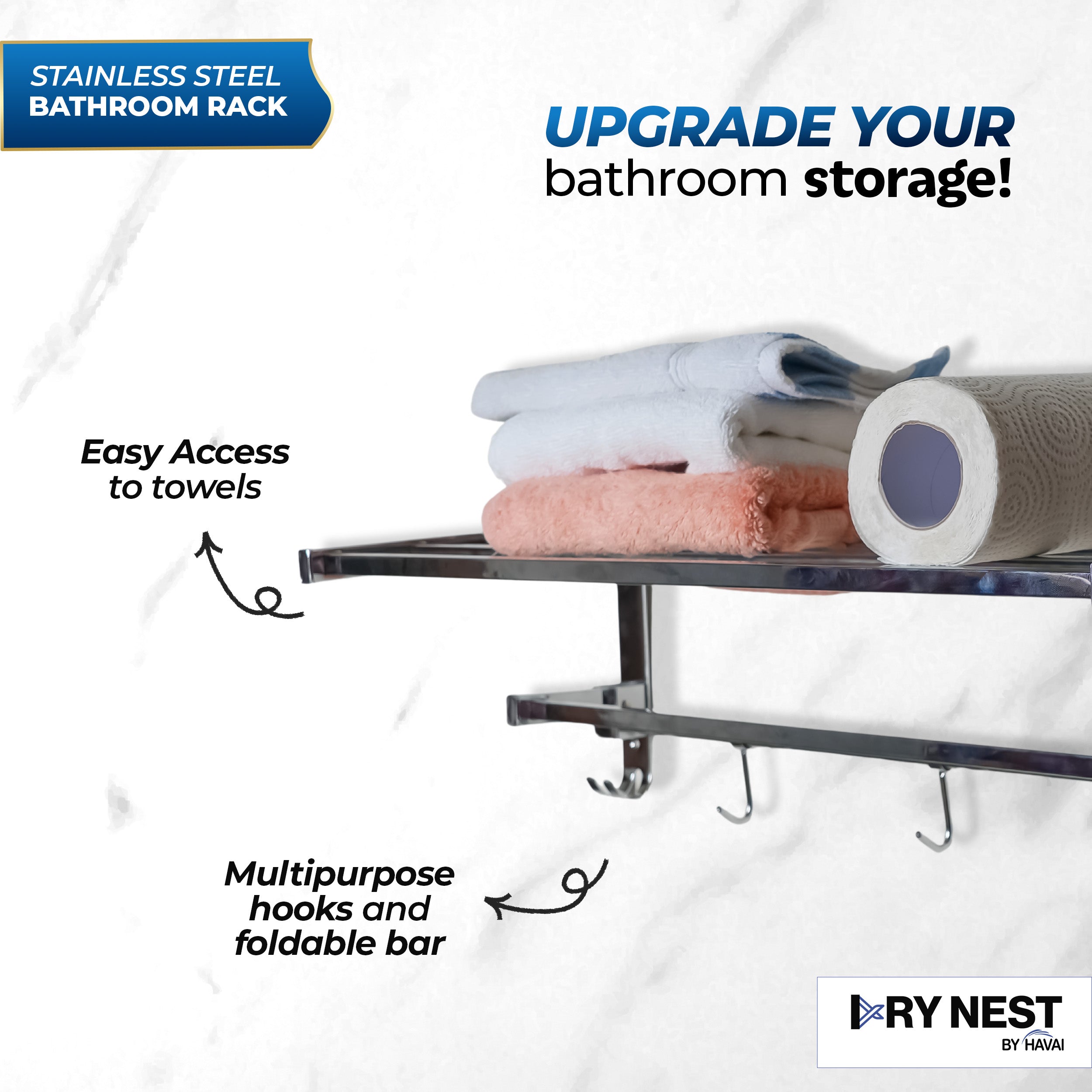 HAVAI Foldable Wall Mounted Bathroom Rack | Heavy Duty Steel Towel Shelf &amp; Storage Organizer | 0.9 KG Strong &amp; Durable