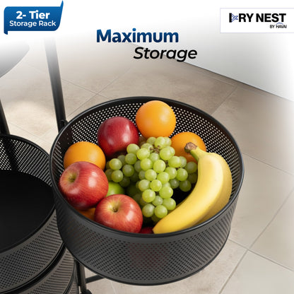 HAVAI 2 Tier Round Rolling Kitchen Storage Rack | Sturdy Metal Frame| Space-Saving Utility Shelf – Black