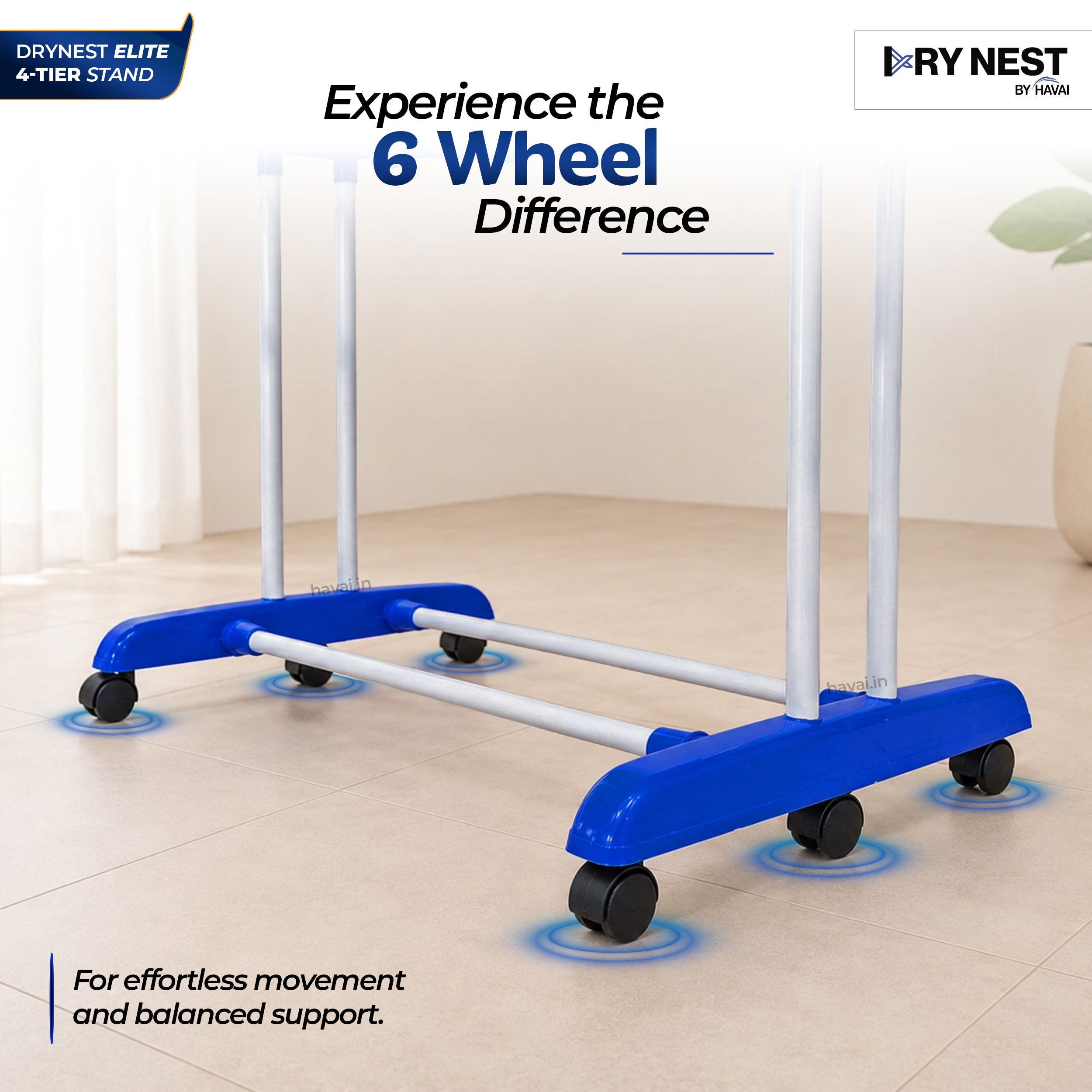 HAVAI Premium 4 Tier Stainless Steel Foldable Clothes Drying Stand with 6 Wheels | Heavy Duty Laundry Drying Rack for Indoor &amp; Outdoor Use | Rust Resistant | Space Saving Design