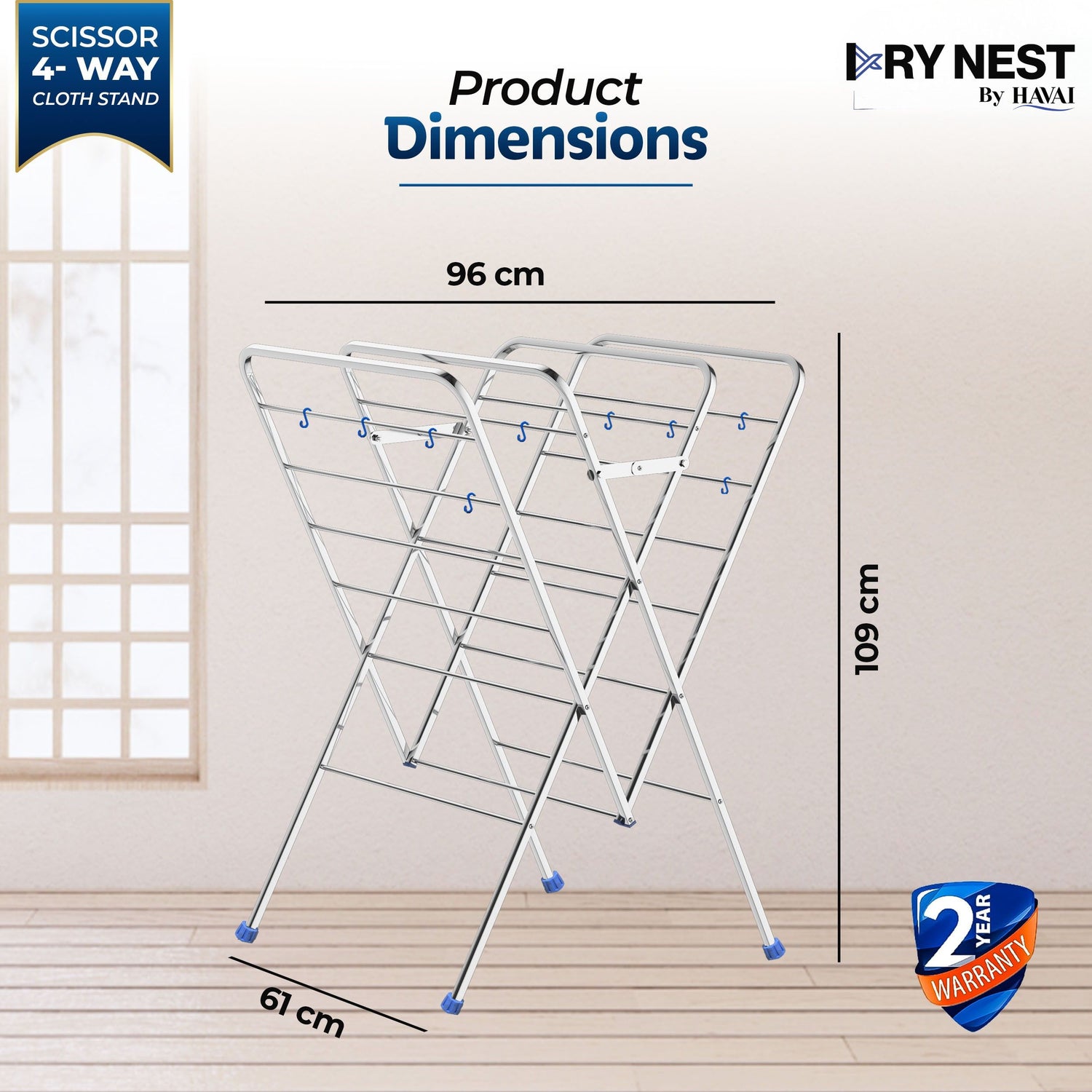 HAVAI DRY NEST 3kg Heavy Duty Premium Cloth Drying Stand | 4-Way Foldable Stainless Steel Clothes Dryer | 20 Rods with Hanger Hooks | 30kg Load Capacity | Strong &amp; Stable | 2 Year Warranty