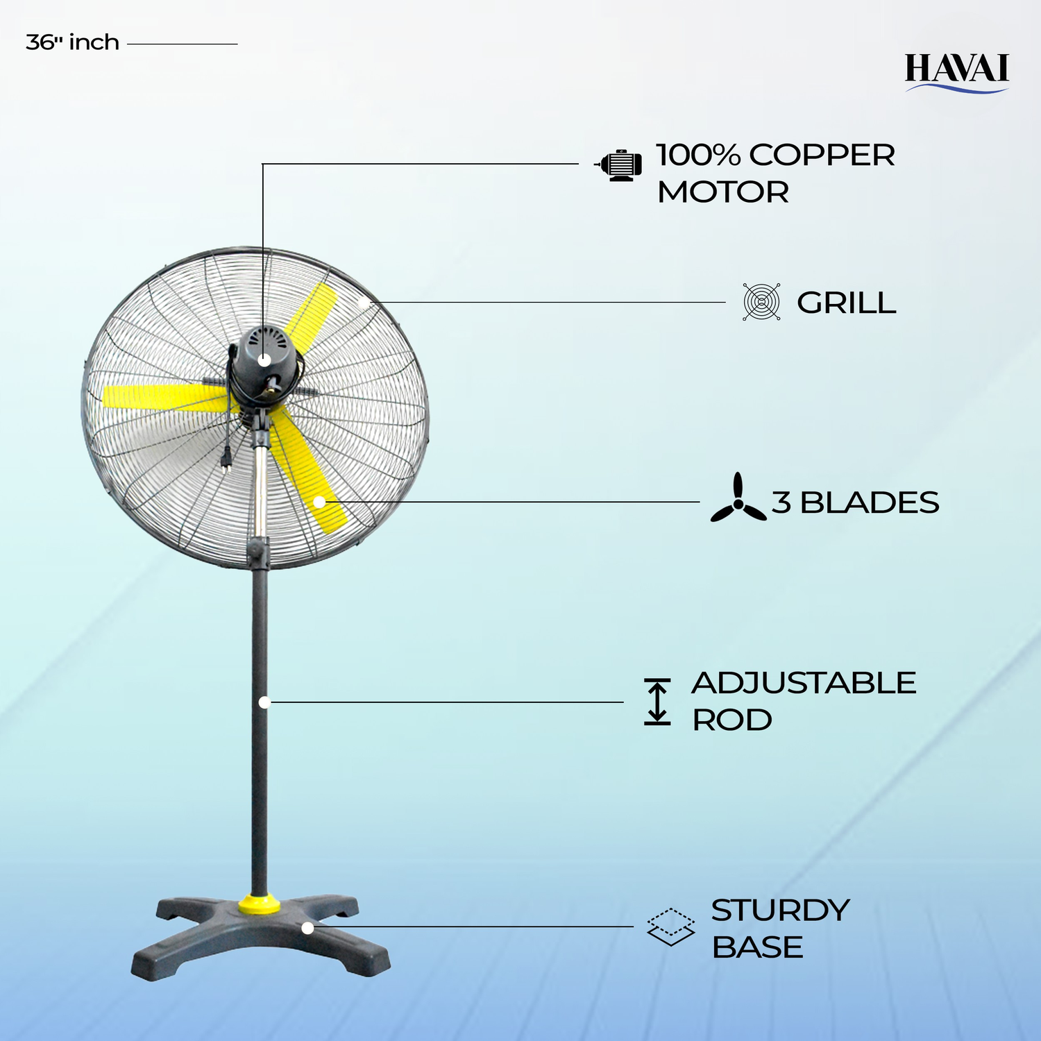HAVAI BLDC Pedestal Fan 36 inch, 50% Savings on Electricity, High Velocity, Heavy Duty Metal for Industrial, Commercial and Residential Use, Assembly Included