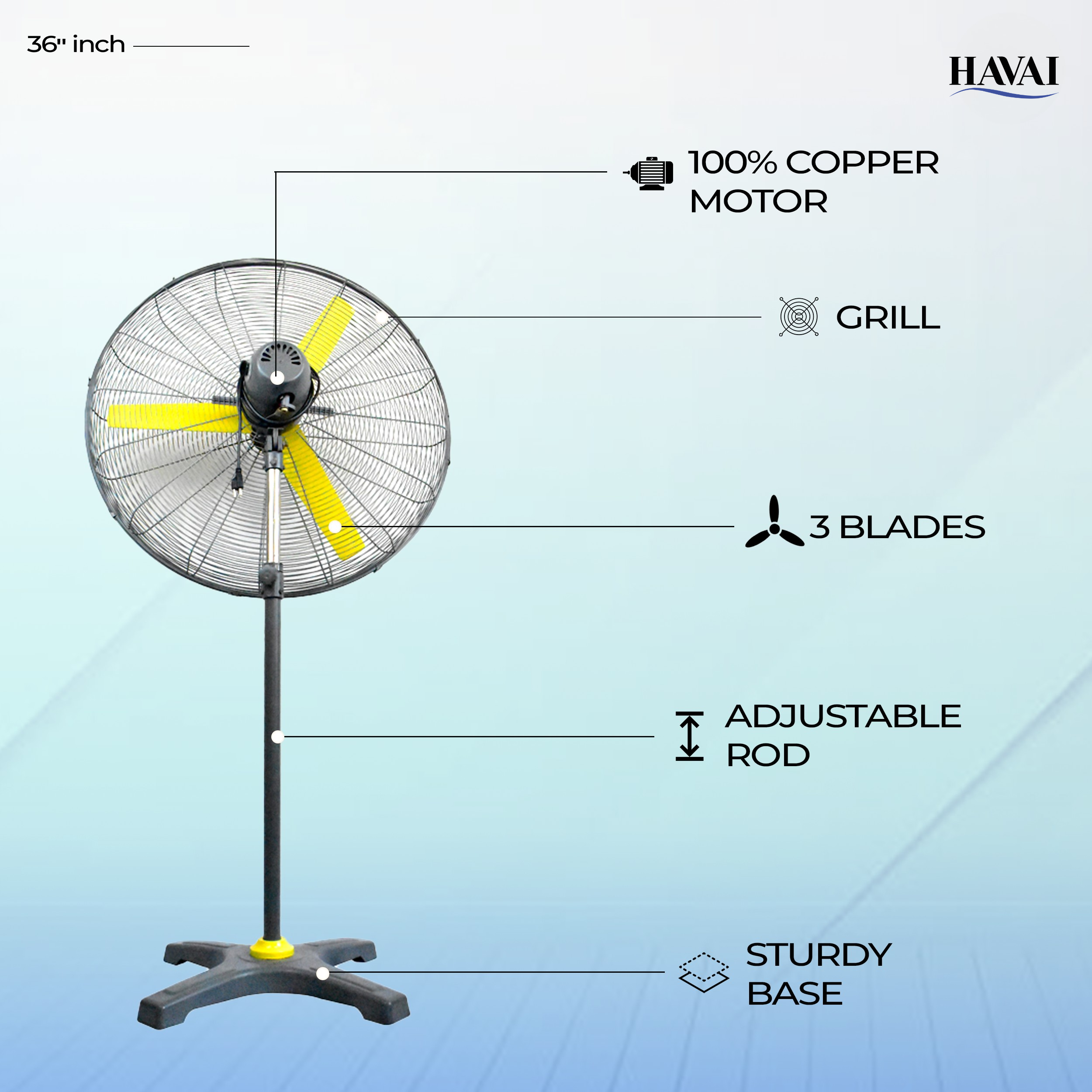 HAVAI BLDC Pedestal Fan 36 inch, 50% Savings on Electricity, High Velocity, Heavy Duty Metal for Industrial, Commercial and Residential Use, Assembly Included