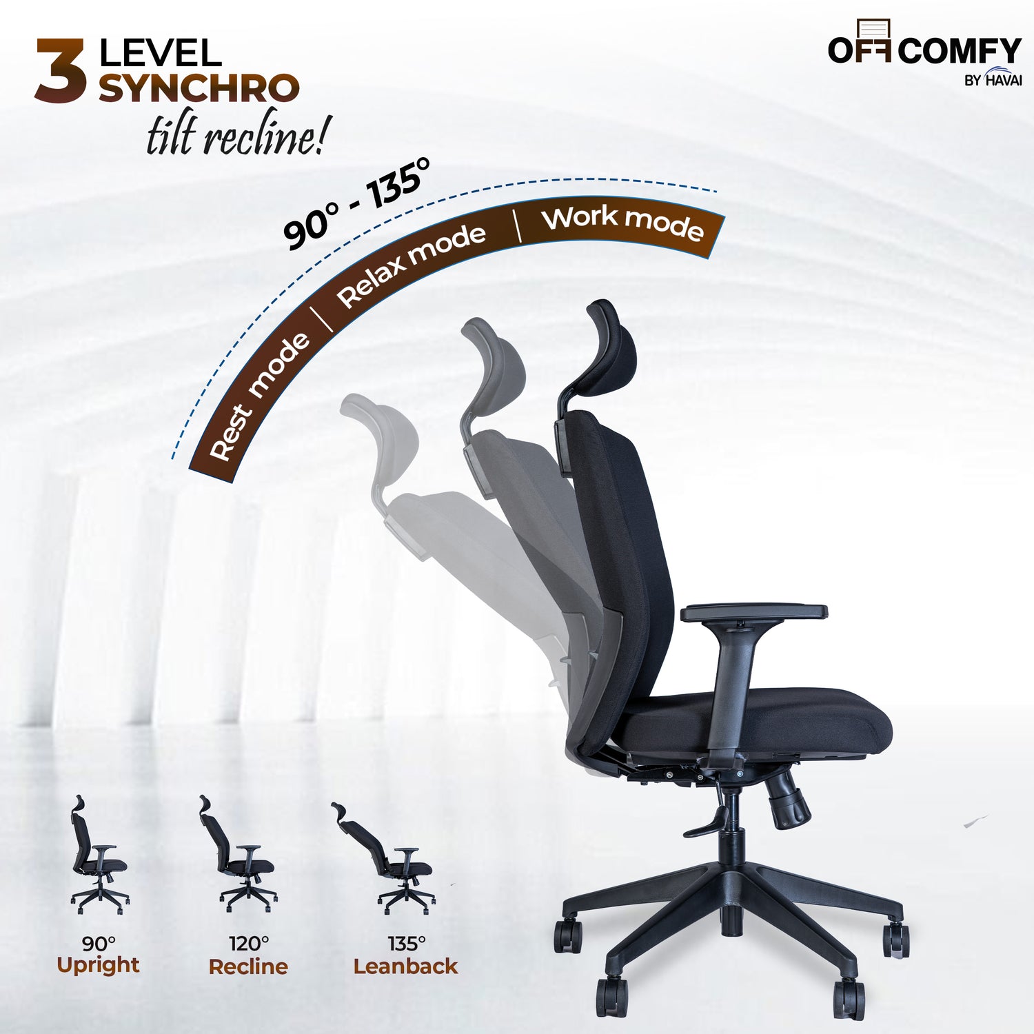 Off-Comfy by HAVAI Swift High Back Ergonomic Office Chair | Fixed Headrest | 3D Adjustable Armrest | Lumbar Support | Synchronized Recline | Chrome Base | Work from Home &amp; Office Chair