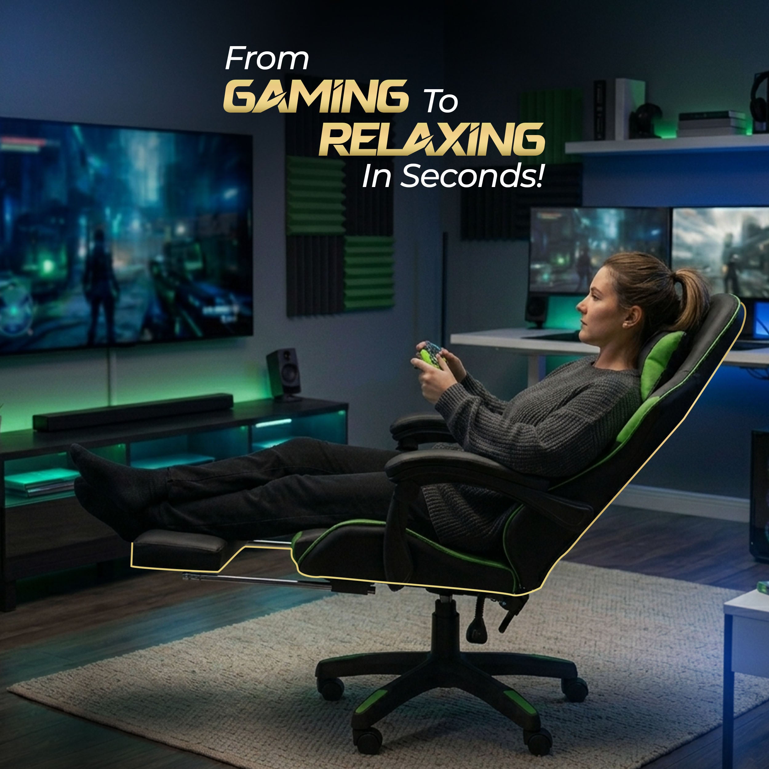 HAVAI Vortex GREEN Gaming Chair | Ergonomic High Back Computer Chair with Linkage Armrests | Reclining &amp; Folding Backrest | Premium 0.55mm PVC Upholstery | High Density Foam Cushion | Class 1 Gas Lift | 320mm Nylon Base | (Green &amp; Black)