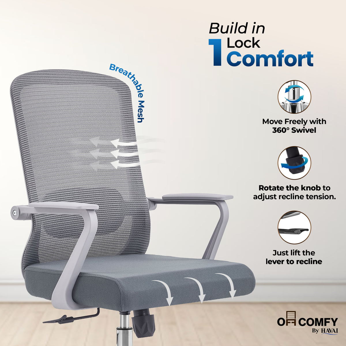 Havai Flexa Mid Back Executive Office Chair | Ergonomic Mesh - Grey