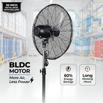 HAVAI 30-Inch Commercial BLDC Pedestal Fan (30–135W) | 2mm Aluminium Blades | Heavy-Duty Metal Base with 4 Lockable Industrial Wheels | High Air Delivery | Fingerproof Safety | 2-Year On-Site Warranty