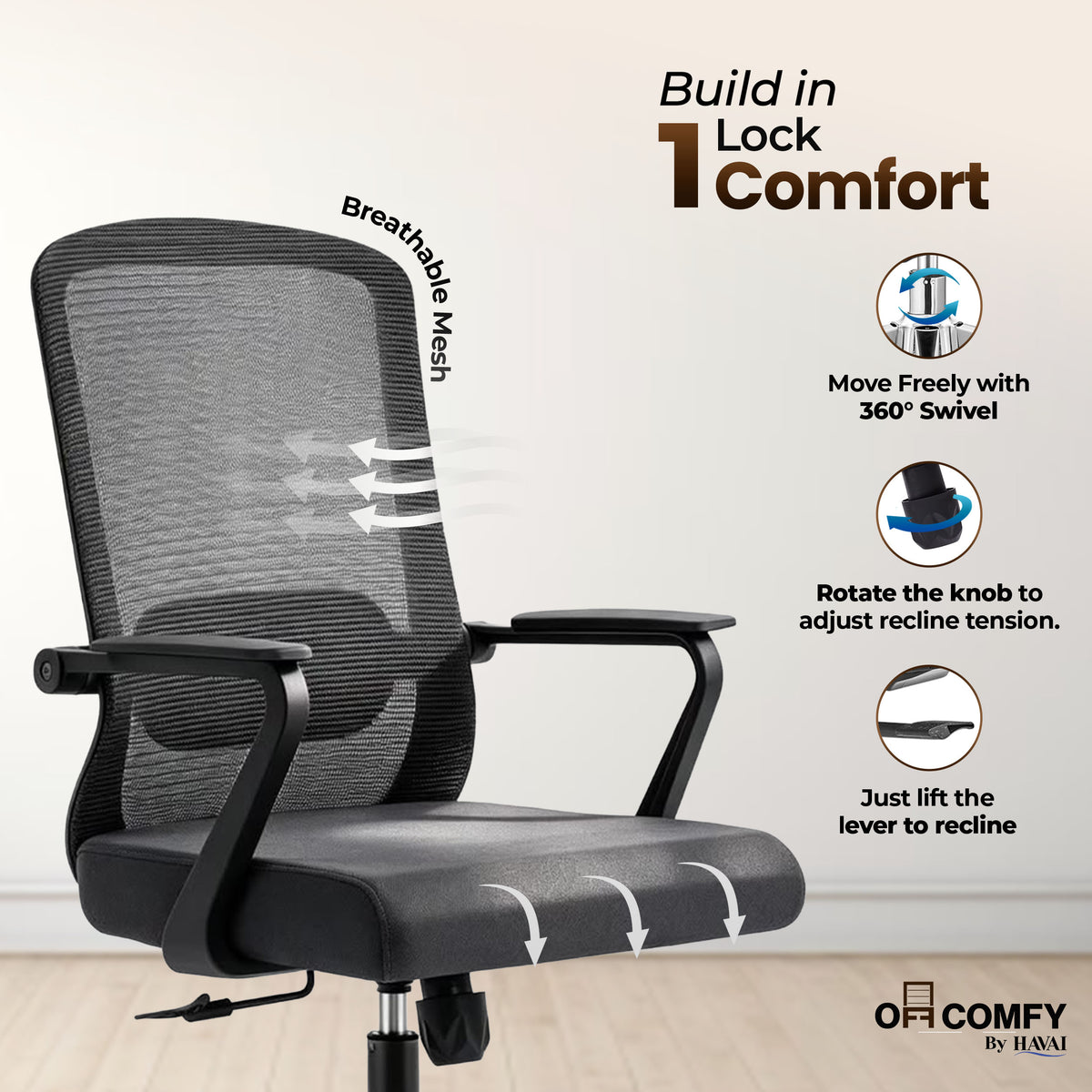 Havai Flexa Mid Back Executive Office Chair | Ergonomic Mesh - Black