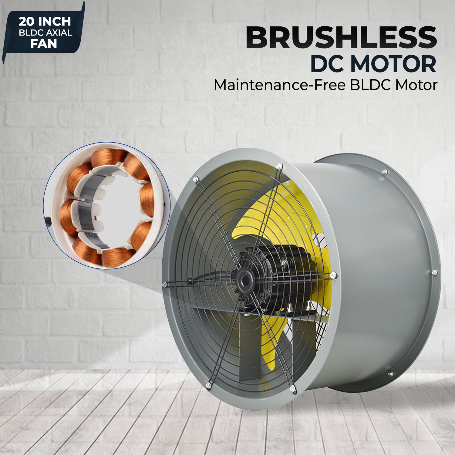 20-Inch Heavy Duty BLDC Axial Fan | Maintenance-Free BLDC Motor | 4-Leaf 2mm Aluminium Blades | 9-Speed Digital Controller | 600–13,000 m³/hr | 35W–350W | 2-Year Warranty