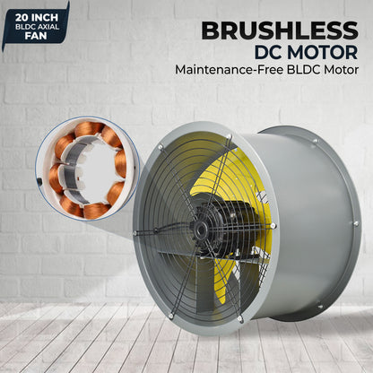 20-Inch Heavy Duty BLDC Axial Fan | Maintenance-Free BLDC Motor | 4-Leaf 2mm Aluminium Blades | 9-Speed Digital Controller | 600–13,000 m³/hr | 35W–350W | 2-Year Warranty