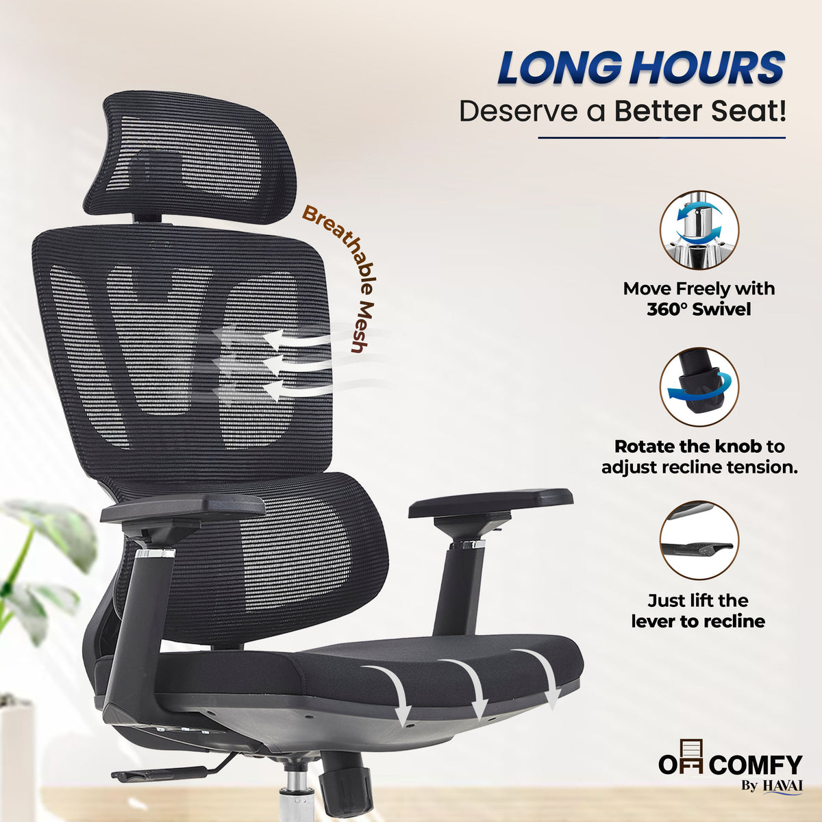 Havai AeroFlex High Back Office Chair | Ergonomic High Back Mesh | Adjustable Headrest | Lumbar Support | Reclining Function | Height Adjustable | 2D Adjustable Armrests | Comfortable Cushioned Seat | Chrome Five-Star Base | Smooth Rolling Casters | Black