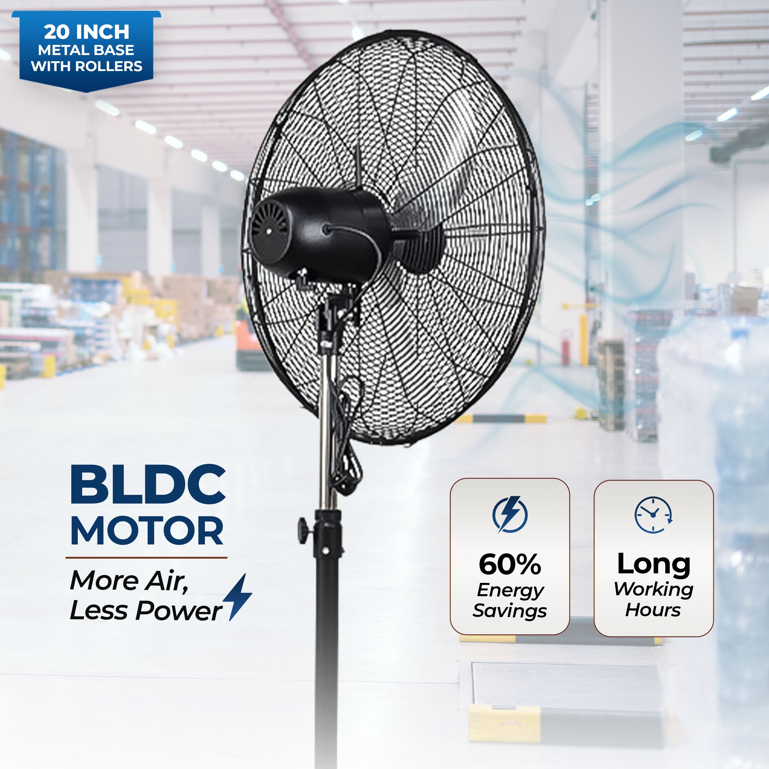 HAVAI 20-Inch Commercial BLDC Pedestal Fan (20–120W) | 2mm Aluminium Blades | Metal Base with 4 Lockable Industrial Wheels | Fingerproof Safety Grill | 4-Speed | 2-Year On-Site Warranty