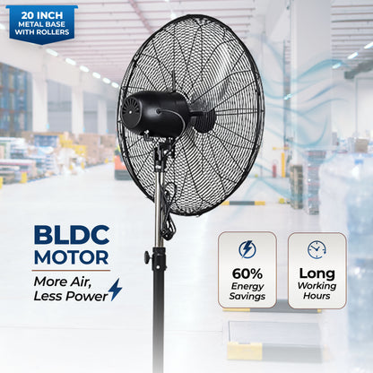 HAVAI 20-Inch Commercial BLDC Pedestal Fan (20–120W) | 2mm Aluminium Blades | Metal Base with 4 Lockable Industrial Wheels | Fingerproof Safety Grill | 4-Speed | 2-Year On-Site Warranty