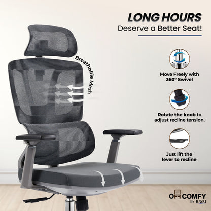 Havai AeroFlex High Back Office Chair | Ergonomic High Back Mesh | Adjustable Headrest | Lumbar Support | Reclining Function | Height Adjustable | 2D Adjustable Armrests | Comfortable Cushioned Seat | Chrome Five-Star Base | Smooth Rolling Casters | Grey