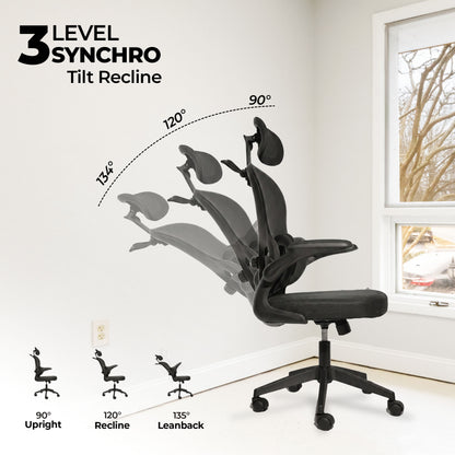 HAVAI Velmora Ergonomic Office Chair | High Back Mesh Chair with Reclining Mechanism, Adjustable Armrest, Headrest &amp; Lumbar Support | Nylon Base &amp; Wheels | Executive/WFH Chair (Black)
