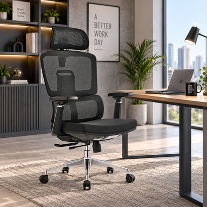 Havai AeroFlex High Back Office Chair | Ergonomic High Back Mesh | Adjustable Headrest | Lumbar Support | Reclining Function | Height Adjustable | 2D Adjustable Armrests | Comfortable Cushioned Seat | Chrome Five-Star Base | Smooth Rolling Casters | Black