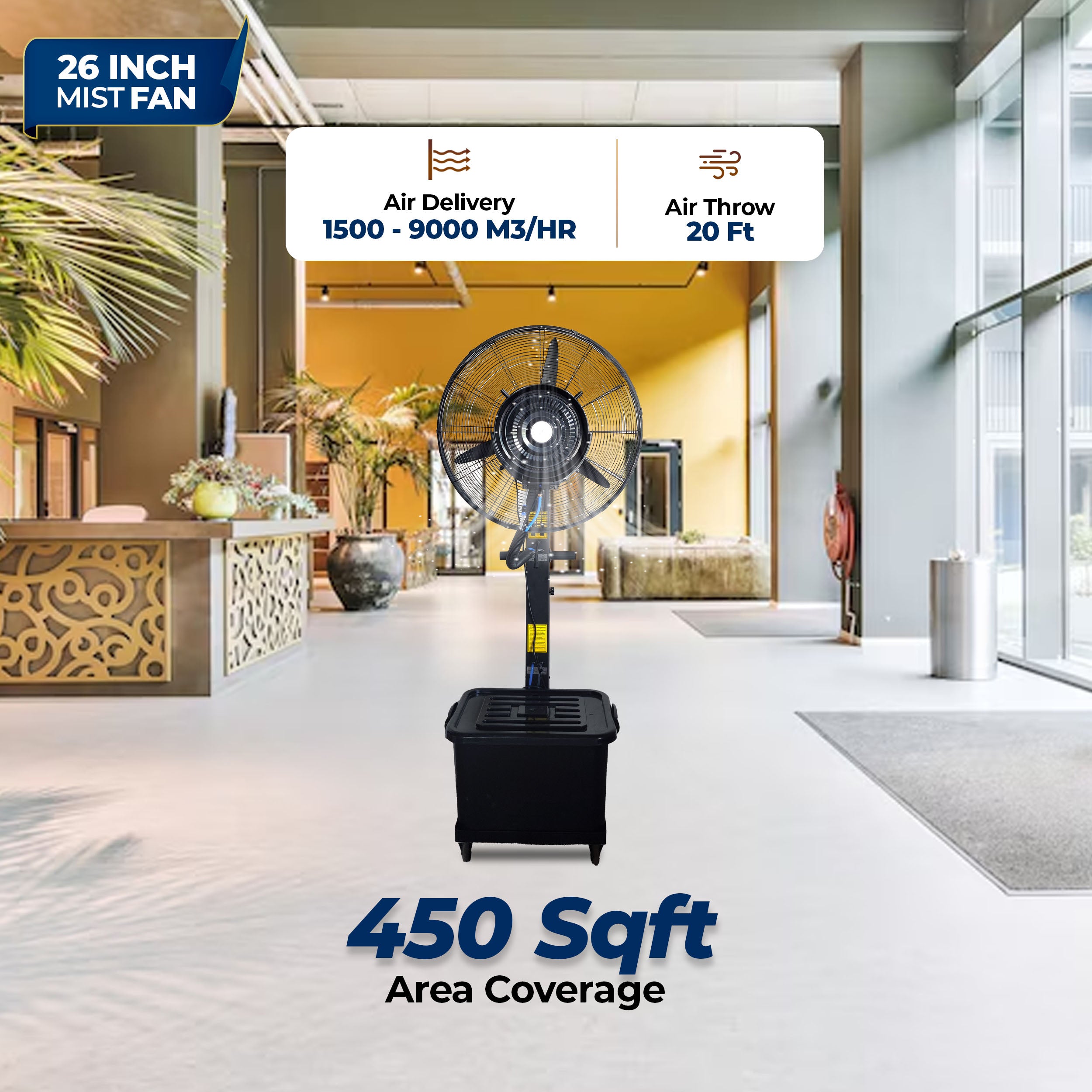 26″ Commercial Mist Fan, 260W Copper Motor | 10m Spray | Manual Mist Control | Aluminium Blade | Finger-Proof Grill | 41L Tank | Fixed 6ft Height | 48-Hour Installation &amp; 1-Year Warranty