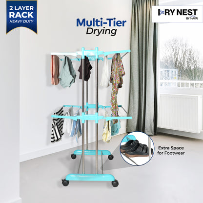 HAVAI DryNest 3.7 KG Premium Clothes Drying Stand with Wheels | Heavy-Duty Rust-Free Steel &amp; Strong Steel Rods | 2-Layer Foldable Jumbo Rack | Portable &amp; Balcony-Friendly