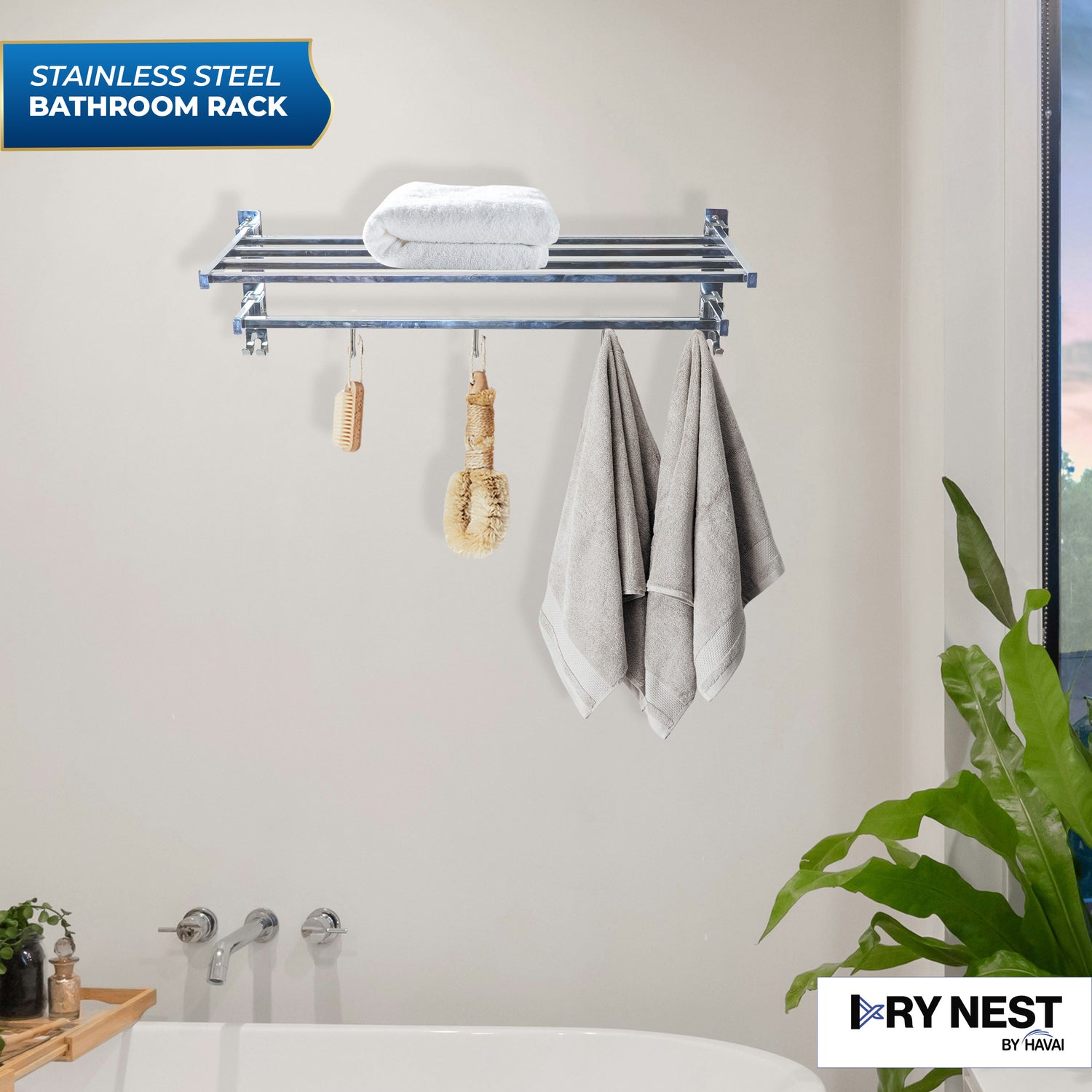 HAVAI Foldable Wall Mounted Bathroom Rack | Heavy Duty Steel Towel Shelf &amp; Storage Organizer | 0.9 KG Strong &amp; Durable
