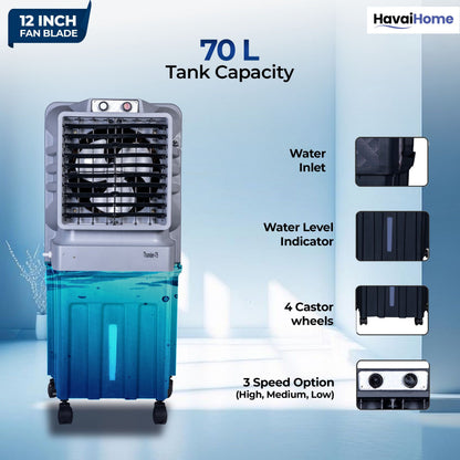 HAVAI Thunder-75 Tower Air Cooler | 70L Tank | 12″ Blade | Ideal for 150 sq ft Rooms | 130W Power | 10 ft Air Throw | 1350 RPM | Auto-Louver | 3-Speed | 1-Year On-Site Motor Warranty (Black &amp; Grey)