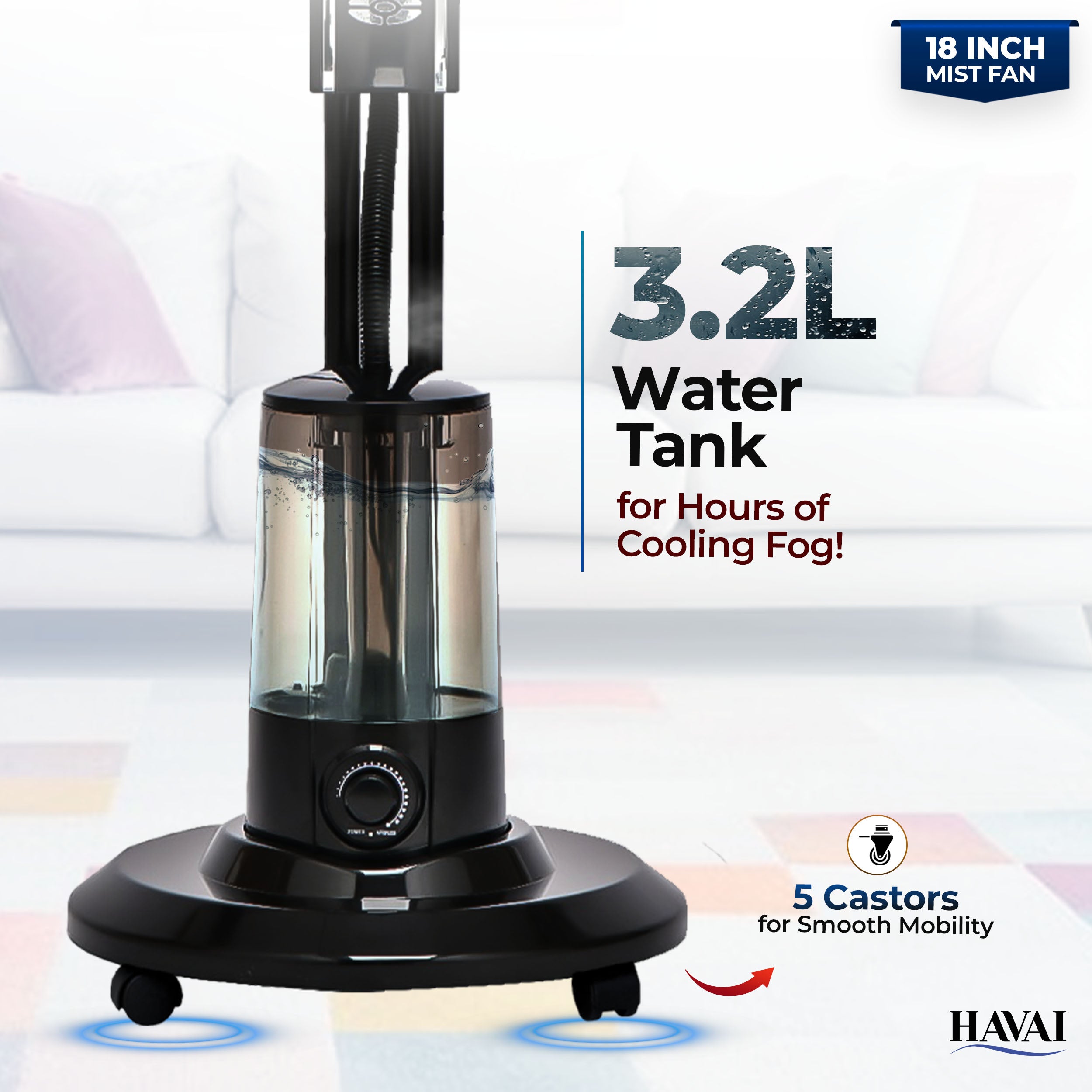 HAVAI RED 18" BLDC Mist Pedestal Fan – High-Speed, Remote &amp; Touch Control, 3.2L Tank, 80W Power, 350 Sq Ft Coverage, Easy Install, Black (Copy)
