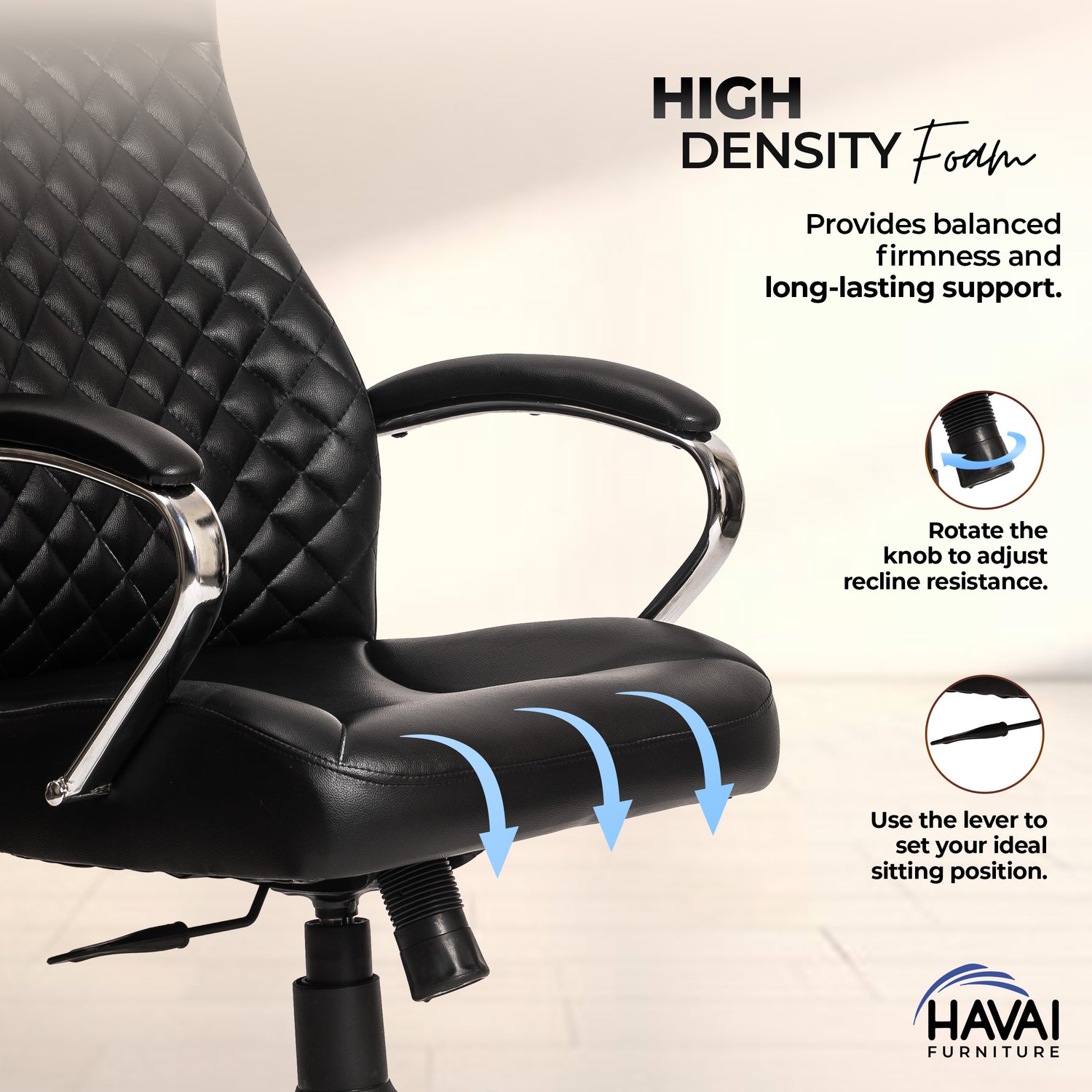 HAVAI Prime High Back Office Chair | Ergonomic Executive Chair |  Premium Leather | Single Lock Tilt Mechanism |  Mild Steel Chrome Base &amp; Arms | Class 4 Gaslift |  50mm Casters | High-Density Back &amp; Seat Cushion (Black)