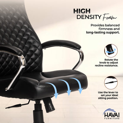 HAVAI Prime High Back Office Chair | Ergonomic Executive Chair |  Premium Leather | Single Lock Tilt Mechanism |  Mild Steel Chrome Base &amp; Arms | Class 4 Gaslift |  50mm Casters | High-Density Back &amp; Seat Cushion (Black)