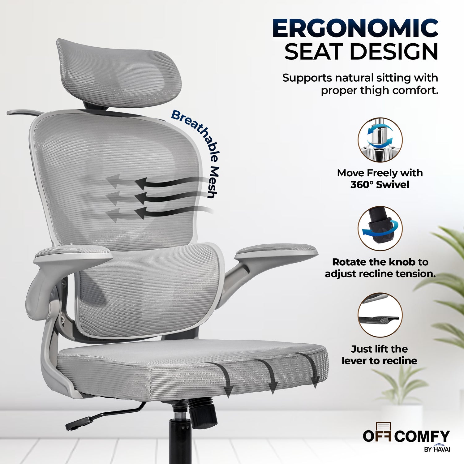 HAVAI Velmora Ergonomic Office Chair | High Back Mesh Chair with Reclining Mechanism, Adjustable Armrest, Headrest &amp; Lumbar Support | Nylon Base &amp; Wheels | Executive/WFH Chair (Grey)