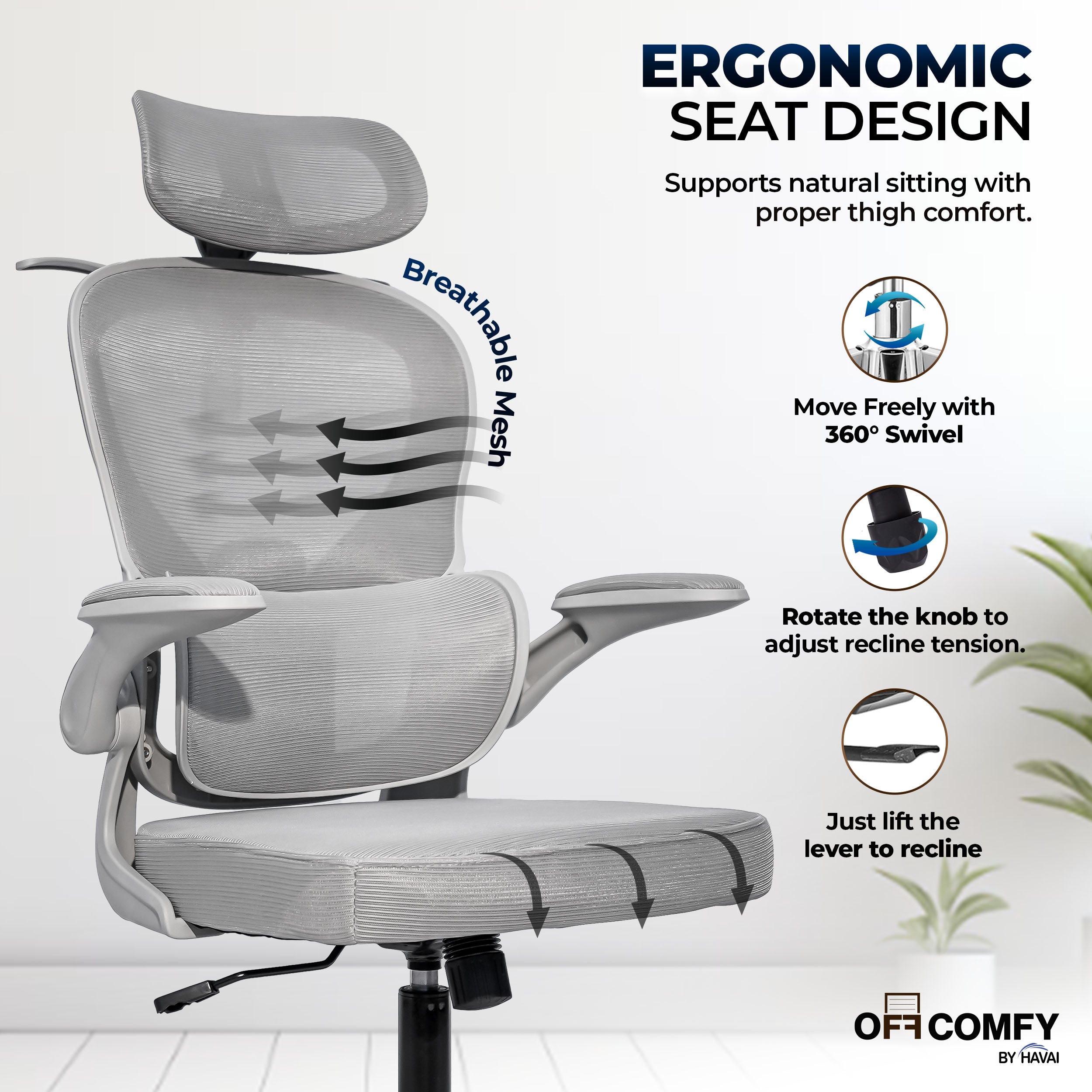 HAVAI Velmora Ergonomic Office Chair | High Back Mesh Chair with Reclining Mechanism, Adjustable Armrest, Headrest &amp; Lumbar Support | Nylon Base &amp; Wheels | Executive/WFH Chair (Grey)
