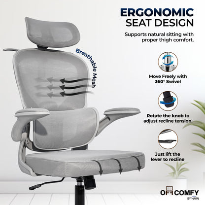 HAVAI Velmora Ergonomic Office Chair | High Back Mesh Chair with Reclining Mechanism, Adjustable Armrest, Headrest &amp; Lumbar Support | Nylon Base &amp; Wheels | Executive/WFH Chair (Grey)
