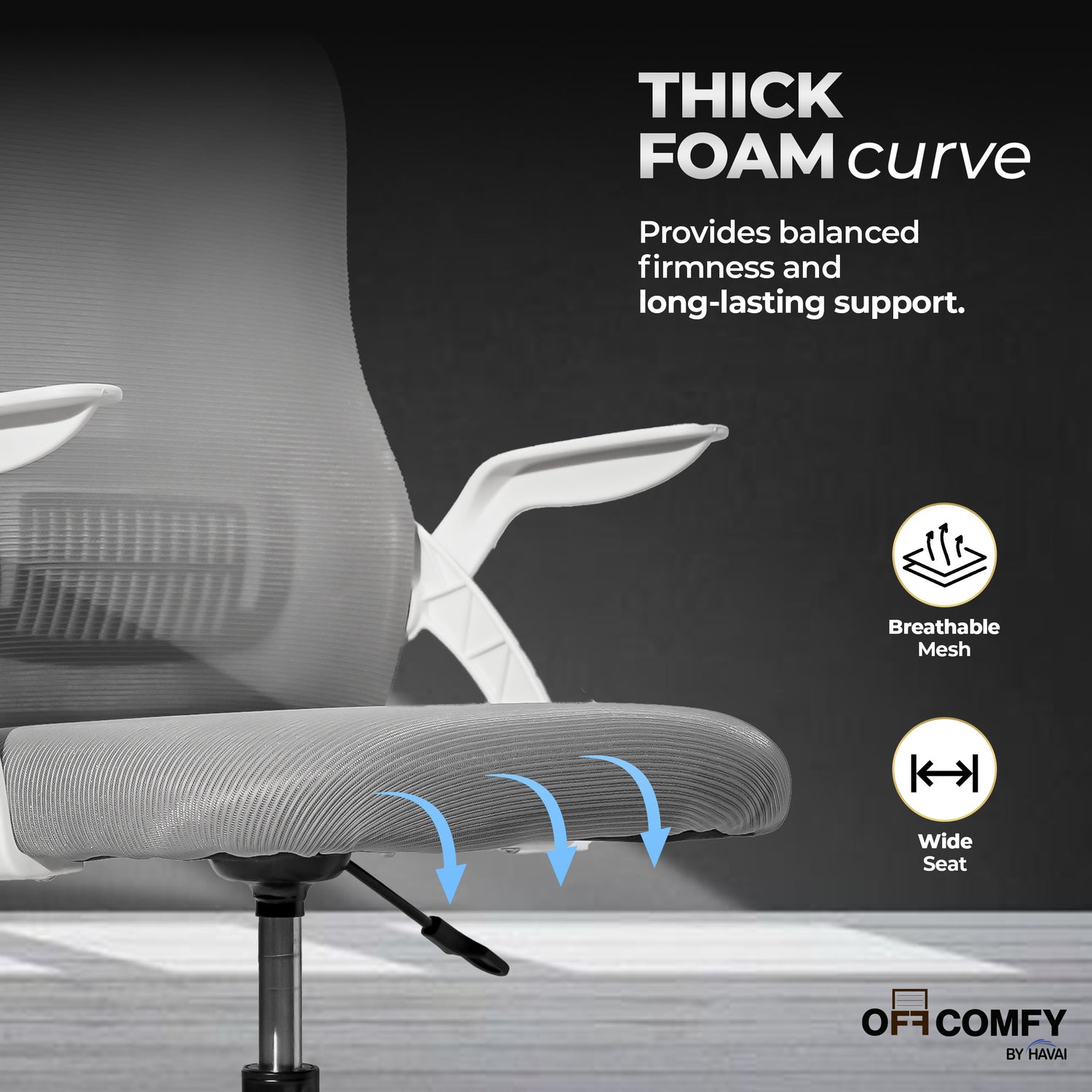 HAVAI Aero Grey Ergonomic Office Chair | Premium Net Cloth Fabric | Reclining &amp; Folding Back | 60D Recycled Foam + 24D Virgin Cotton | Nylon Armrests | Class 2 Gas Lift | 310 Nylon Base | 2-Inch Smooth Wheels | Grey