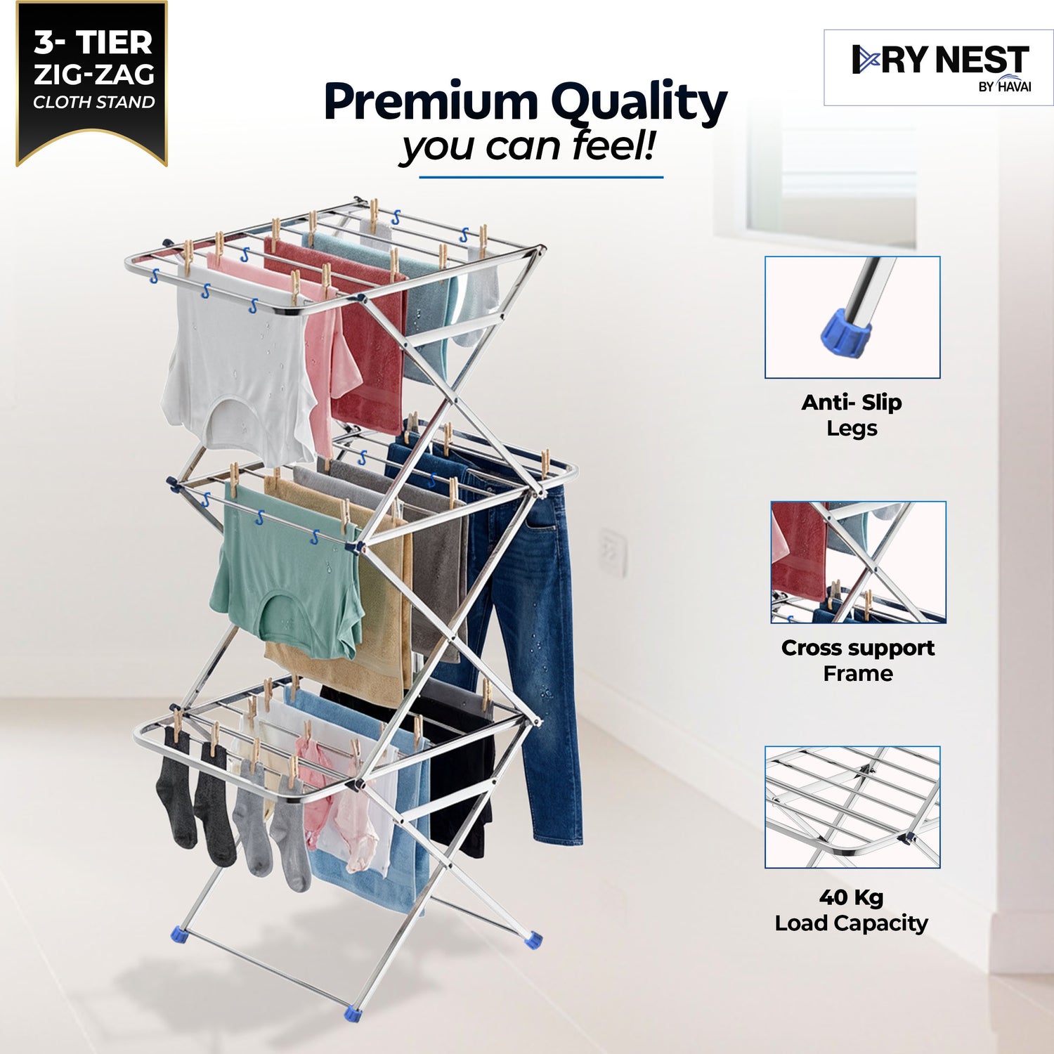 HAVAI DryNest 4.5 KG Heavy Duty Clothes Drying Stand | 40 KG Load Capacity | 3-Tier Zig-Zag Foldable Stainless Steel Airer | Rust Resistant Laundry Rack for Balcony, Indoor &amp; Outdoor Use