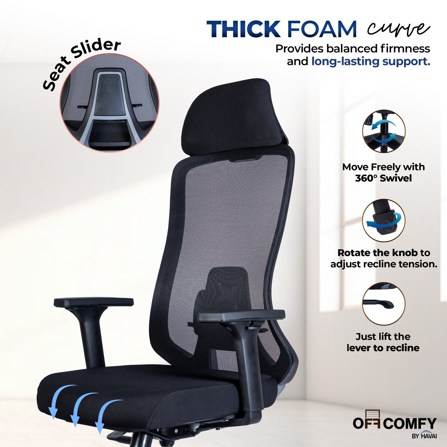 Off Comfy by HAVAI - Bolt Black Ergonomic Office Chair |  Yuva Mesh Back | 4D Arms with PU Pad | 1D Lumbar Support |  Auto Weight Mechanism with 4-Point Lock | Seat Slider | Crystal Chrome Base | 60mm Castors