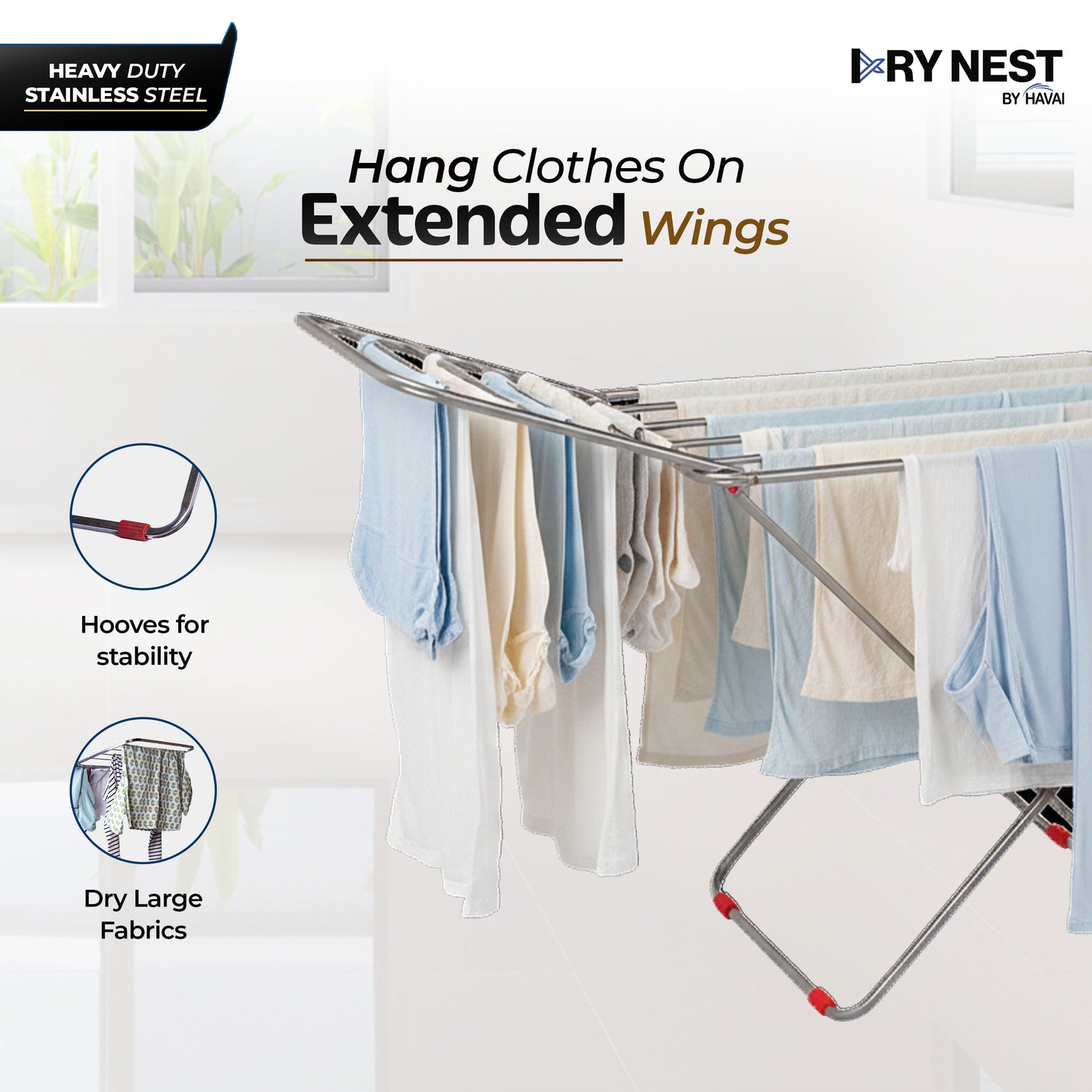 HAVAI DryNest 3.8 KG Heavy Duty Foldable Clothes Drying Stand | 20 Square Rust-Free Steel Rods | Strong Load Capacity | 3-Way Folding Laundry Airer | Space-Saving Indoor &amp; Balcony Clothes Stand | 1-Year Warranty
