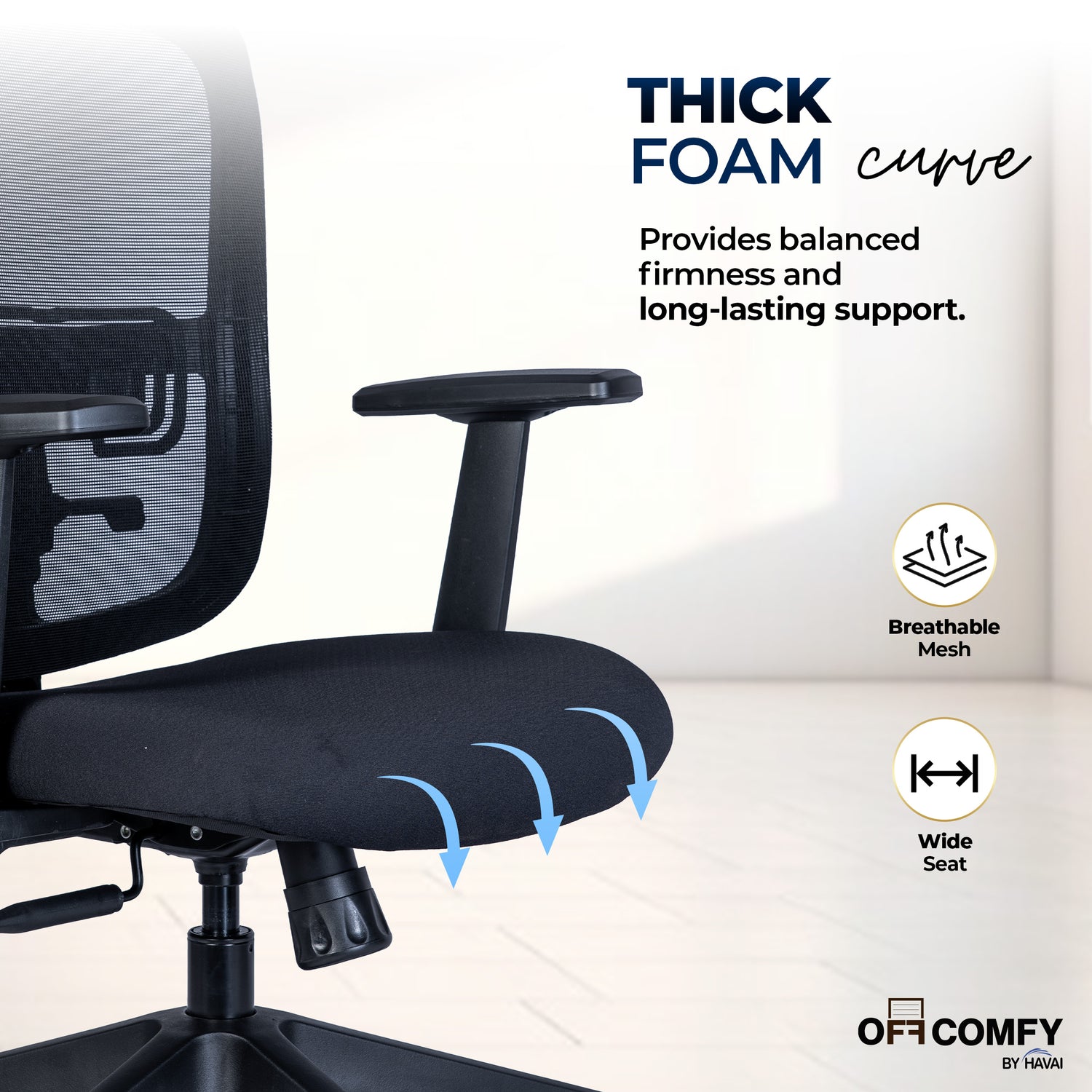 HAVAI Off-Comfy Alpha Black Ergonomic Office Chair | Yuva Mesh Back | Adjustable Lumbar Support | 1D Armrest with PP Pad | Synchro Tilt with Lock | Class 4 Gaslift | Nylon Base &amp; 60mm Castors