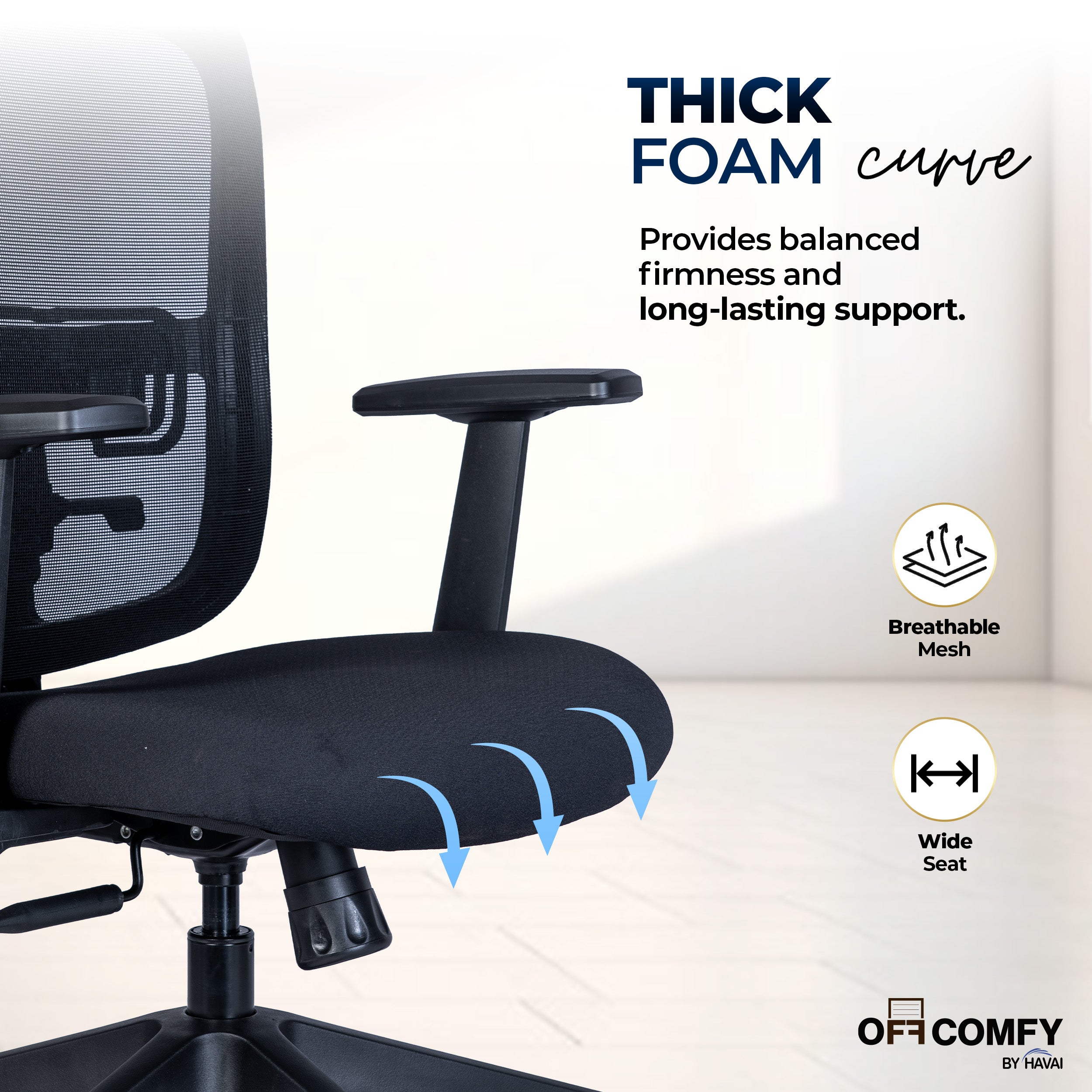 HAVAI Off-Comfy Alpha Black Ergonomic Office Chair | Yuva Mesh Back | Adjustable Lumbar Support | 1D Armrest with PP Pad | Synchro Tilt with Lock | Class 4 Gaslift | Nylon Base &amp; 60mm Castors