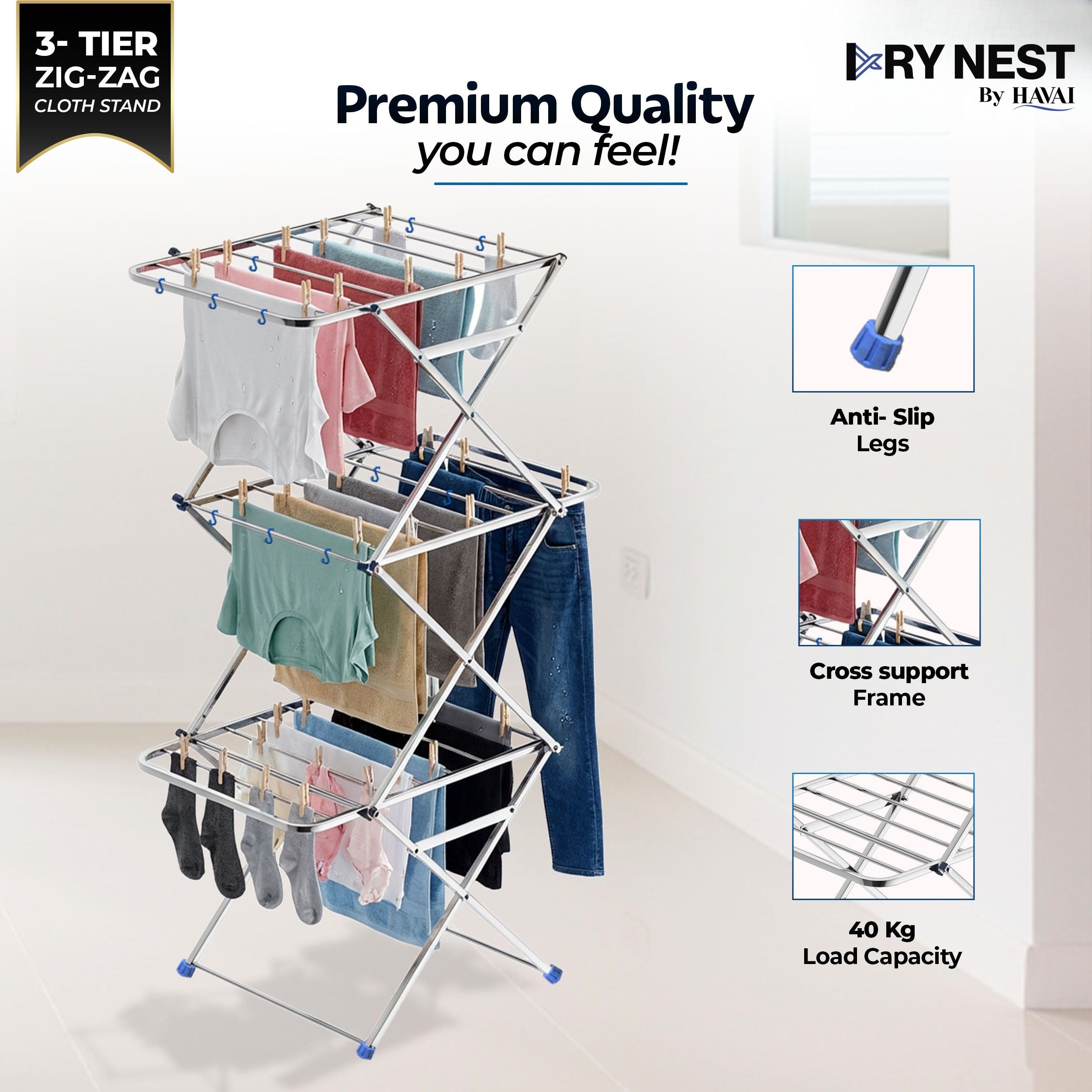 HAVAI DryNest 4.5 KG Heavy Duty Clothes Drying Stand | 40 KG Load Capacity | 3-Tier Zig-Zag Foldable Stainless Steel Airer | Rust Resistant Laundry Rack for Balcony, Indoor &amp; Outdoor Use