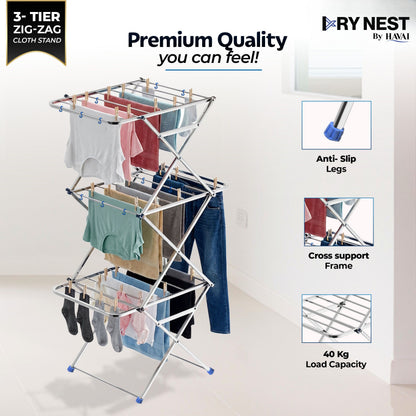 HAVAI DryNest 4.5 KG Heavy Duty Clothes Drying Stand | 40 KG Load Capacity | 3-Tier Zig-Zag Foldable Stainless Steel Airer | Rust Resistant Laundry Rack for Balcony, Indoor &amp; Outdoor Use