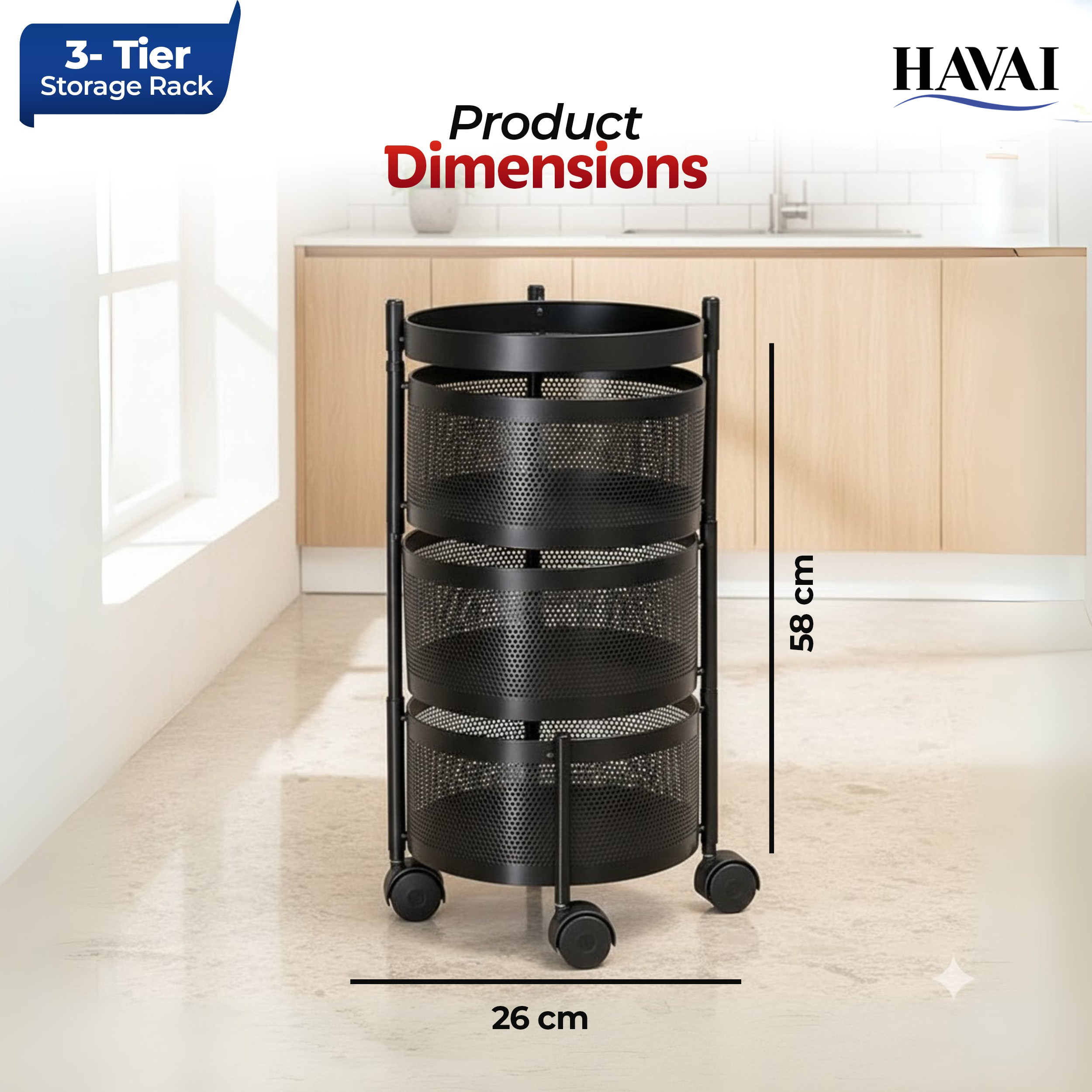 Havai 3 Tier Round Rolling Kitchen Storage Rack | Sturdy Metal Frame | Space-Saving Utility Shelf – Black