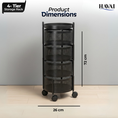 Havai 4 Tier Round Rolling Kitchen Storage Rack | Sturdy Metal Frame | Space-Saving Utility Shelf – Black