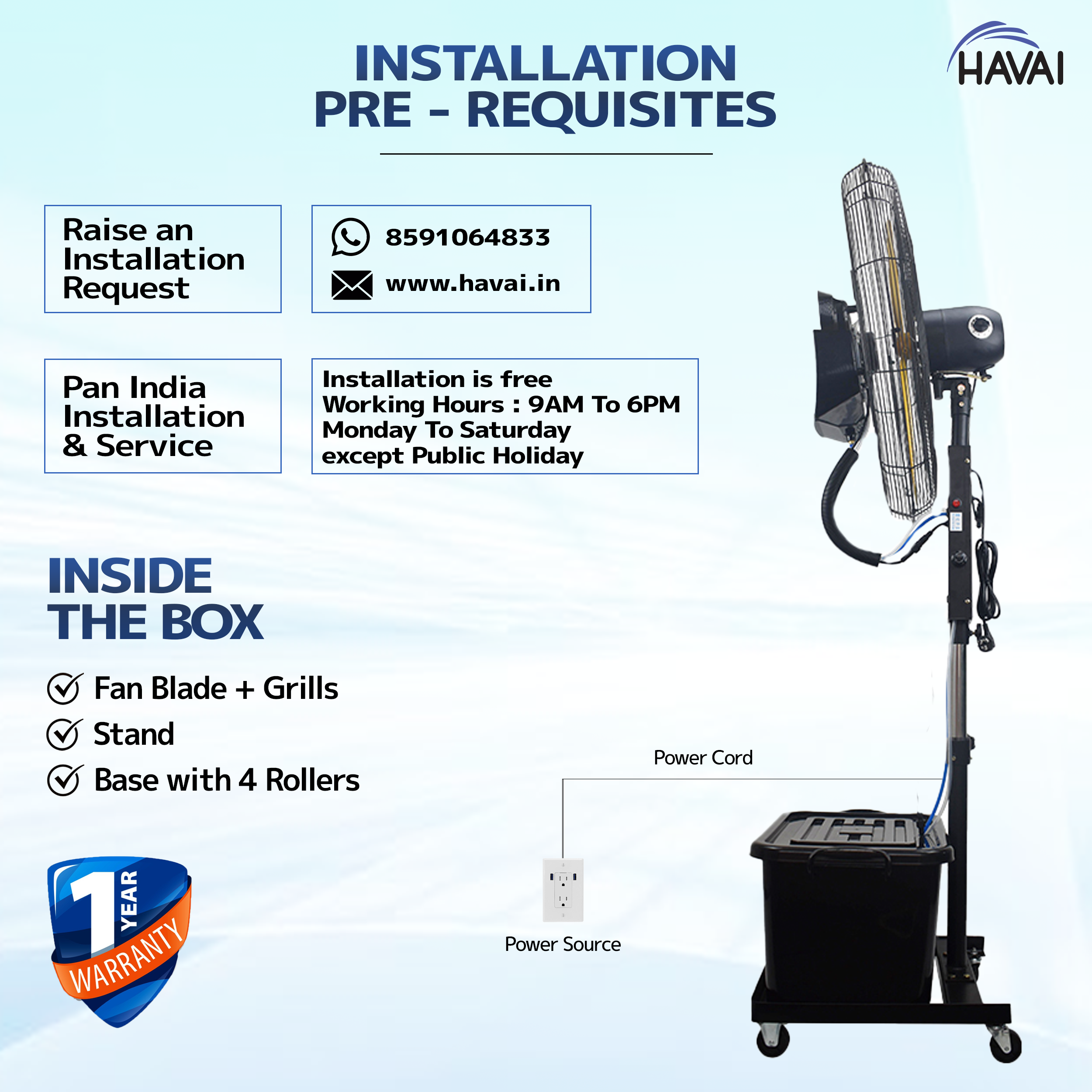 HAVAI BLDC Mist Fan 26 inch with Adjustable Rod, 41 Litre Tank, Assembly Included