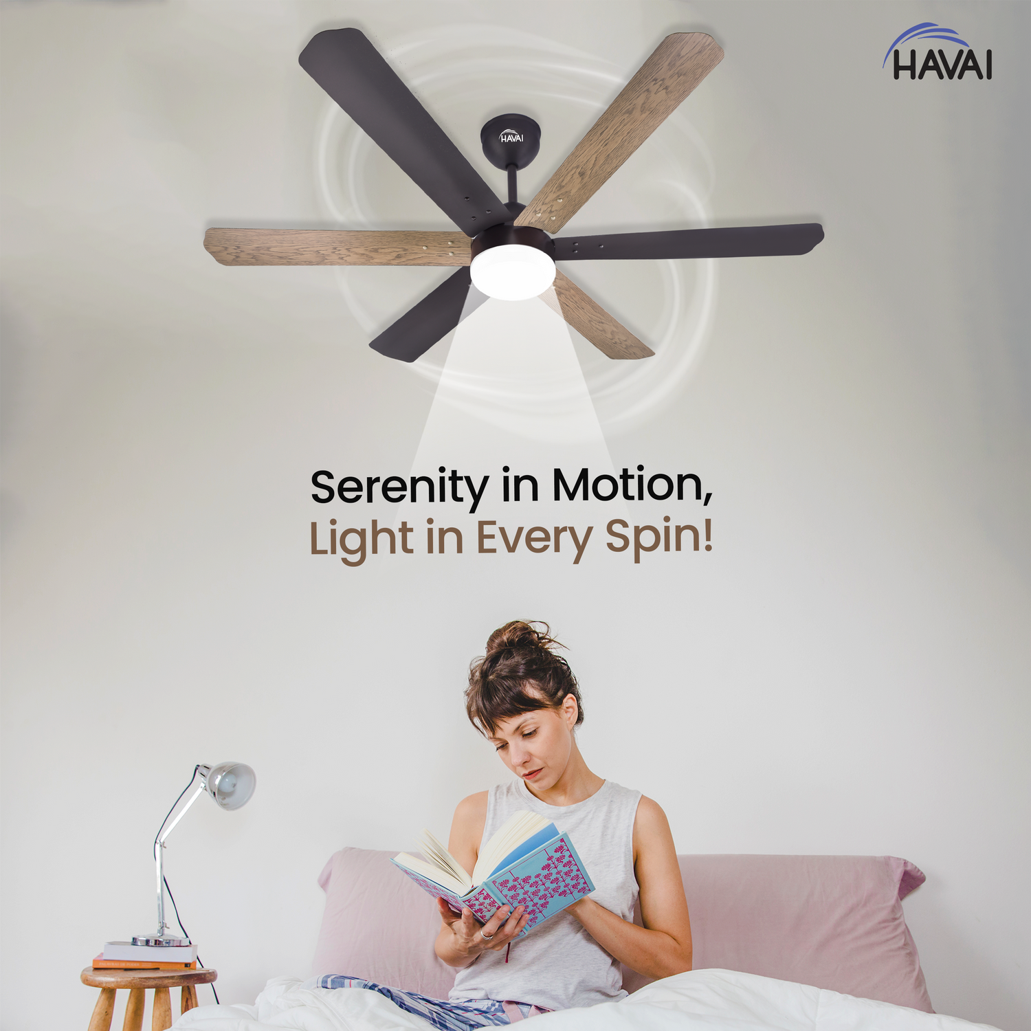 HAVAI Pristine Dualtone Range BLDC Ceiling Fan - 6 Blades - 35W, Ashwood and Smoke Brown 1200mm Blade with Remote (White Motor – 9W LED)