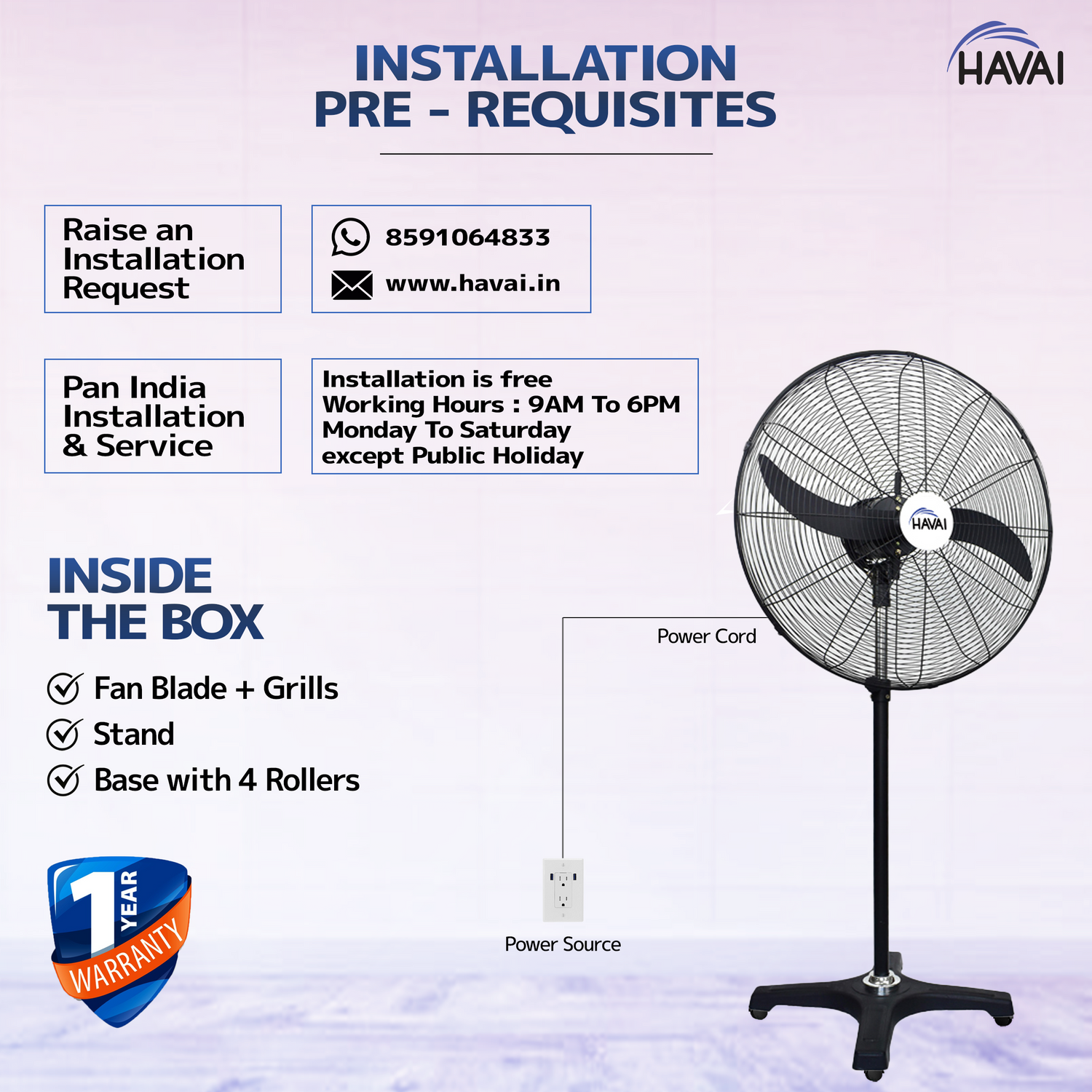 HAVAI BLDC Pedestal Fan 26 inch, 50% Savings on Electricity, High Velocity, Heavy Duty Metal for Industrial, Commercial and Residential Use, Assembly Included