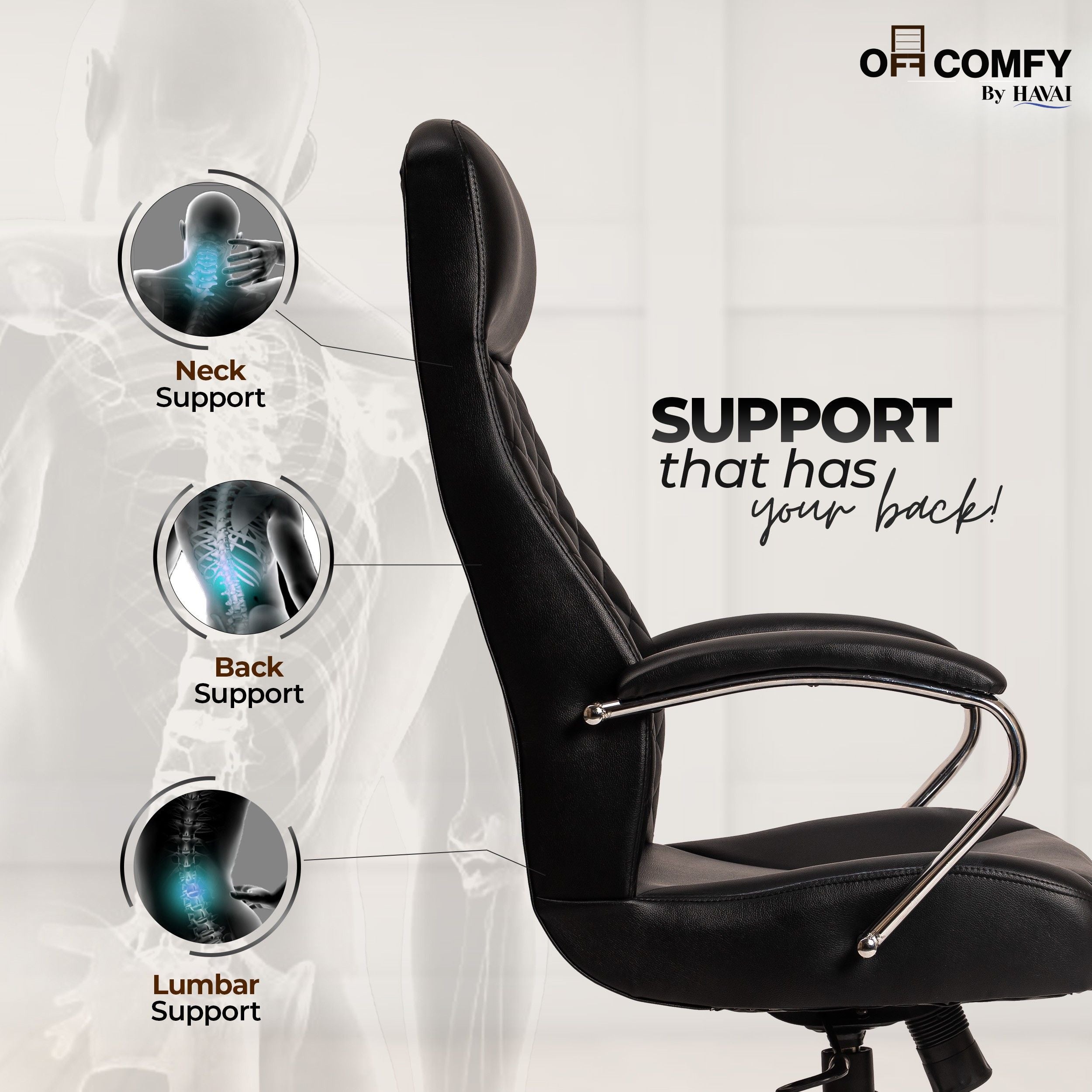 Prime High Back Office Chair | Ergonomic Executive Chair |  Premium Leather | Single Lock Tilt Mechanism |  Mild Steel Chrome Base &amp; Arms | Class 4 Gaslift |  50mm Casters | High-Density Back &amp; Seat Cushion (Black)