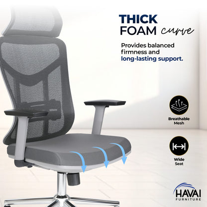 HAVAI Pulse High Back Ergonomic Mesh Office Chair |  Multi-Lock Tilt Mechanism | Chrome Base| Breathable Mesh Back | Fixed Headrest (Grey)
