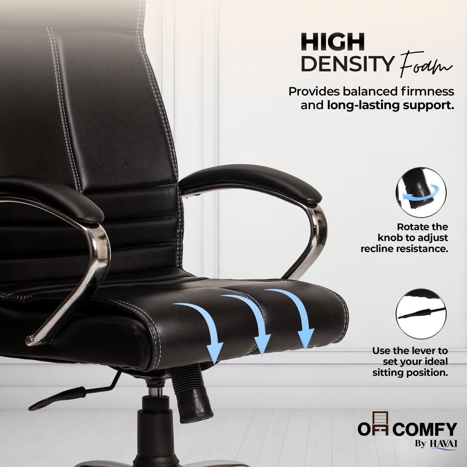 Nova High Back Office Chair | Premium Leather | Ergonomic Executive Chair with Single Lock Tilt Mechanism |  Chrome Steel Base &amp; Arms | Class 4 Gaslift | 50mm Casters  | High-Density Cushioned Seat &amp; Back (Black)