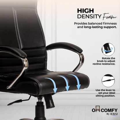 Nova High Back Office Chair | Premium Leather | Ergonomic Executive Chair with Single Lock Tilt Mechanism |  Chrome Steel Base &amp; Arms | Class 4 Gaslift | 50mm Casters  | High-Density Cushioned Seat &amp; Back (Black)