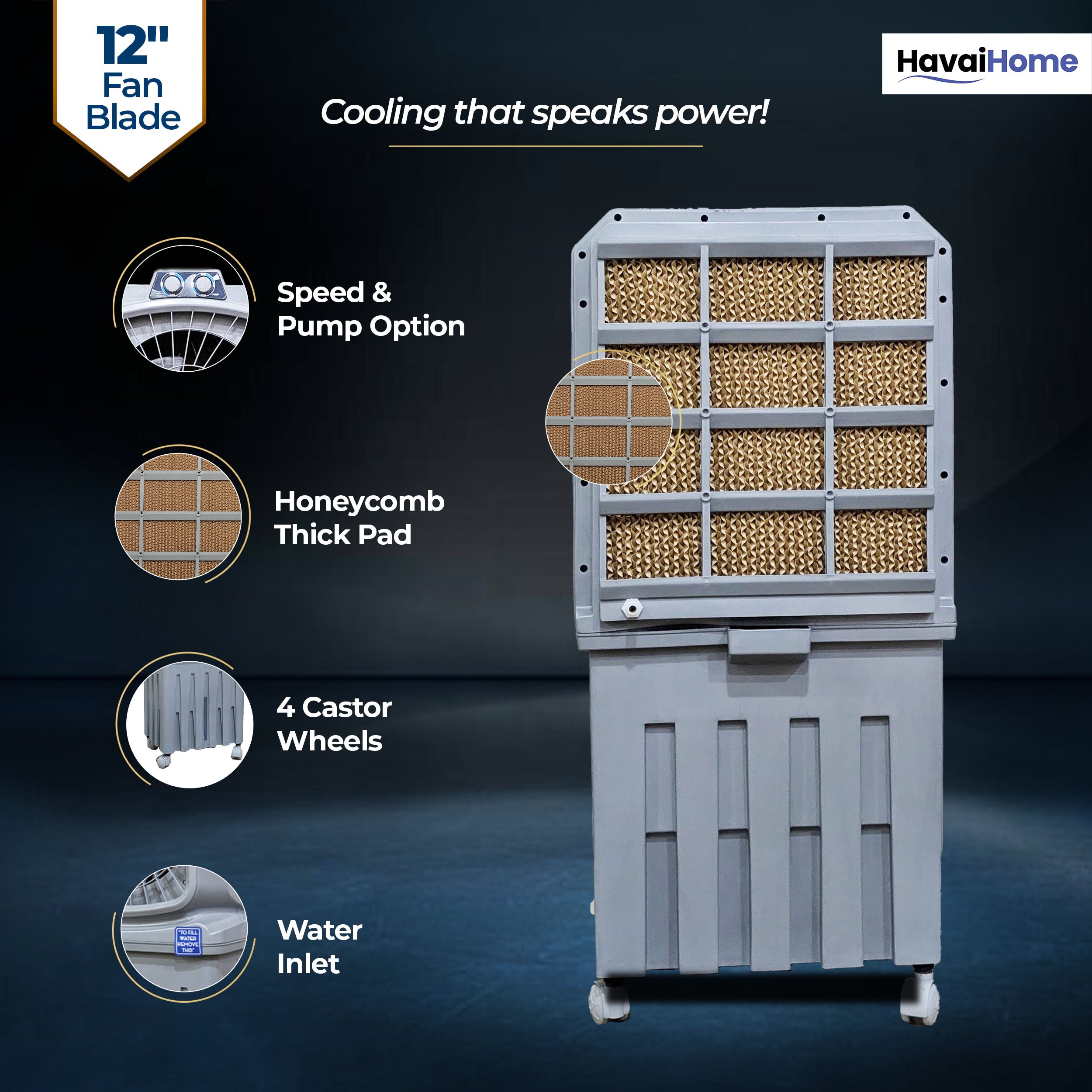 Mighty 12 Personal Air Cooler | 12 inch Blade | 50L Tank Capacity, 120W Power, 200 Sq. Ft. Area Coverage | 15 Ft. Air Throw, 3-Speed Control, Grey