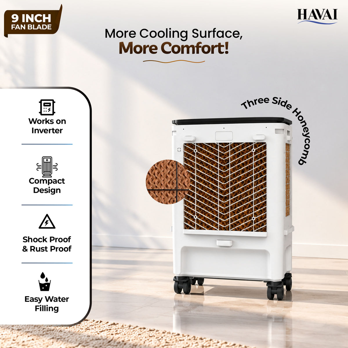 Havai Elite 9 Mini Personal Air Cooler, 15L Tank, 2600 RPM, 1800 CMH, 5-ft air throw, 3-side honeycomb pads, glass top, lockable wheels